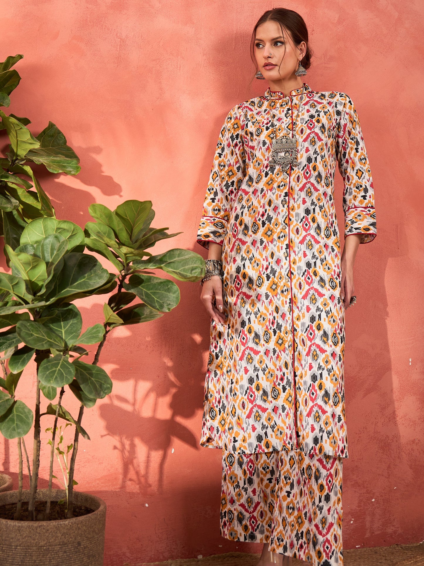 Women White Ikkat Cambric Front Button Kurta With Pencil Pants