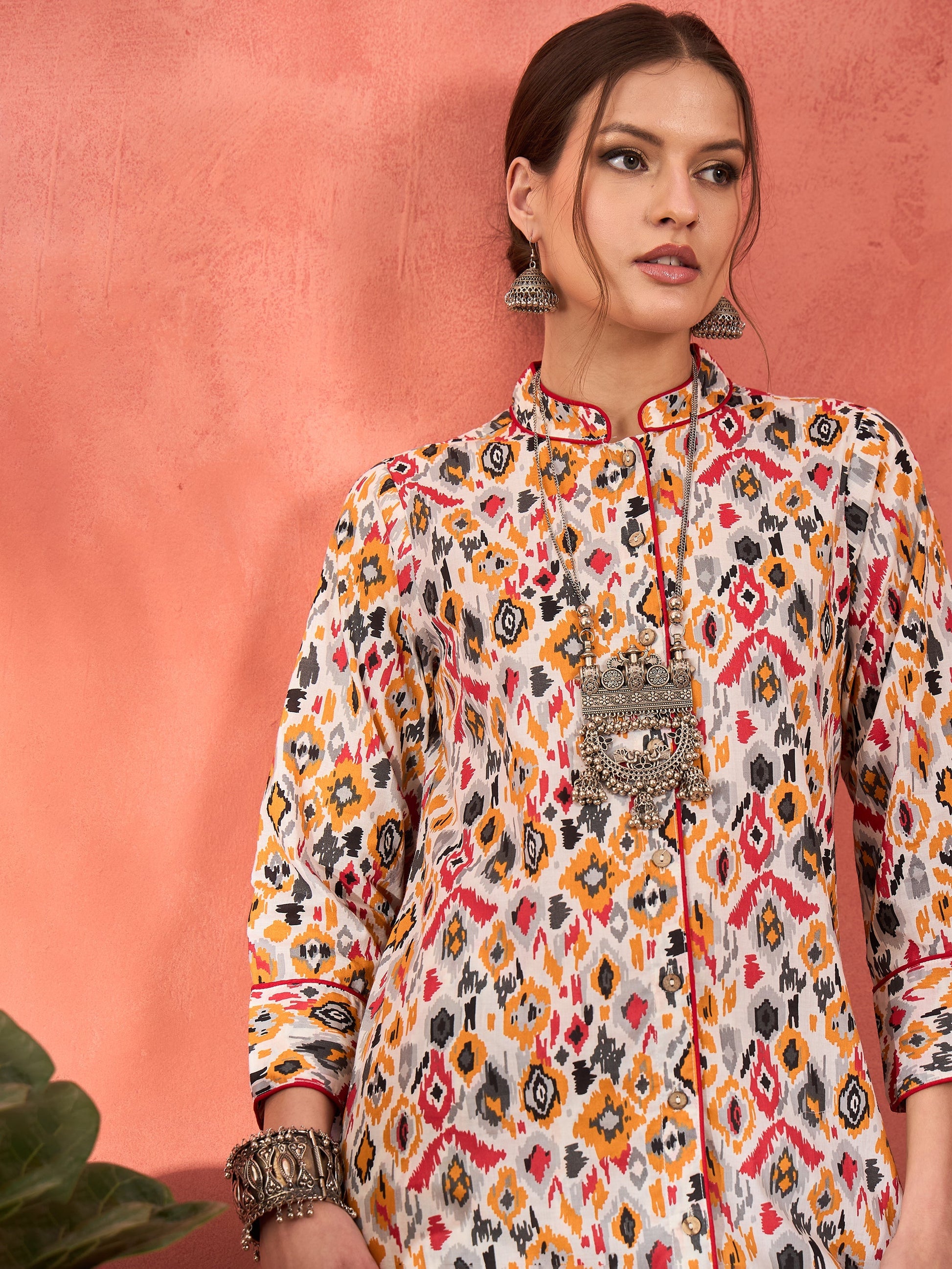 White Ikkat Cambric Front Button Kurta With Pencil Pants -Shae by SASSAFRAS