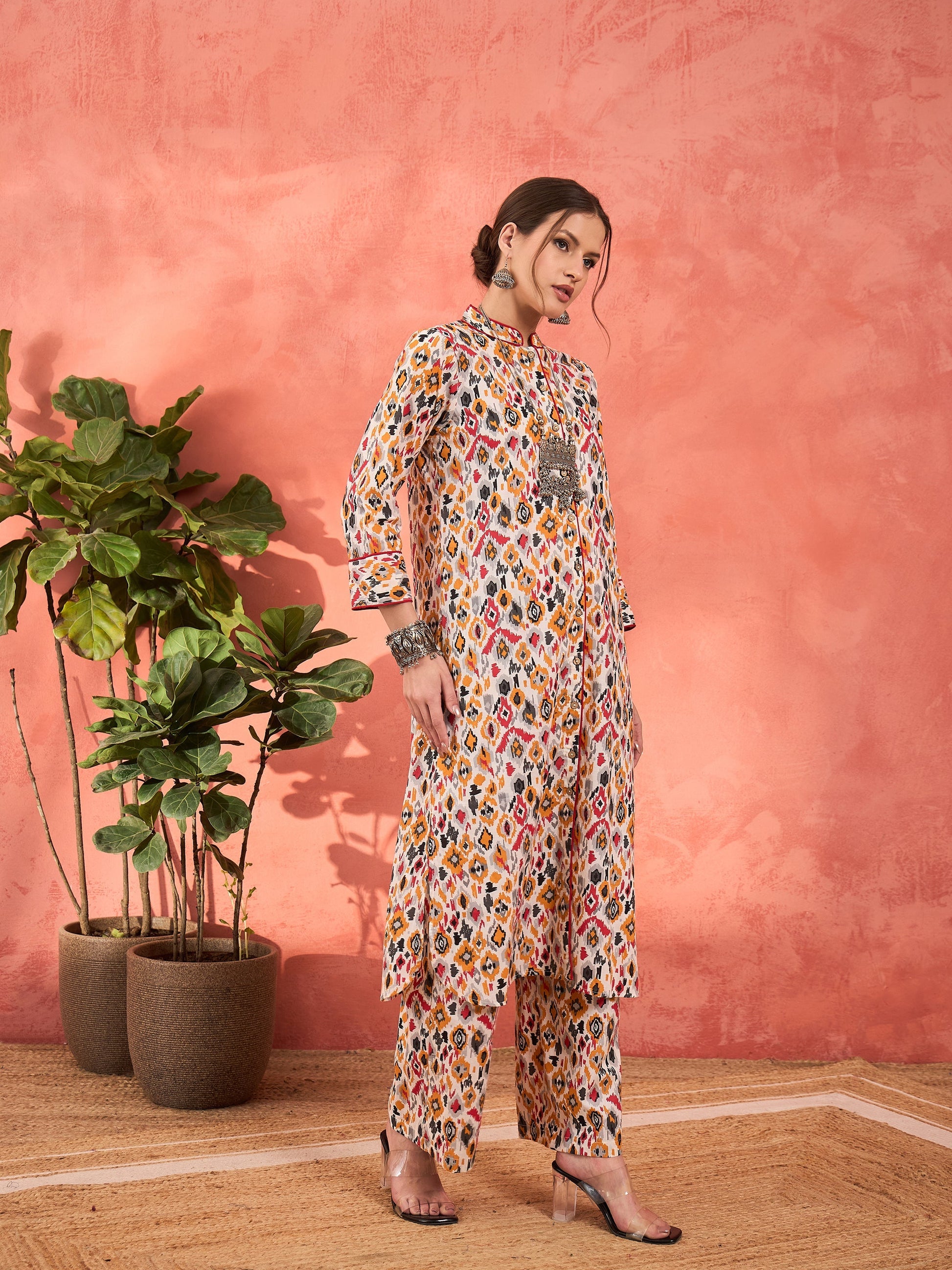 White Ikkat Cambric Front Button Kurta With Pencil Pants -Shae by SASSAFRAS
