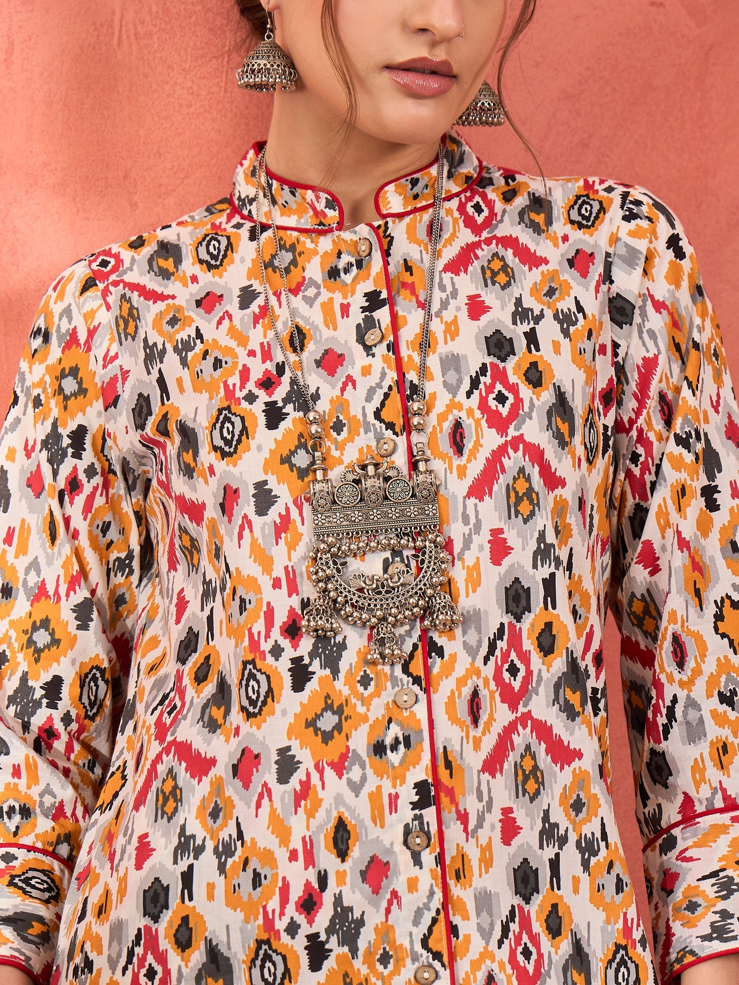 White Ikkat Cambric Front Button Kurta With Pencil Pants -Shae by SASSAFRAS