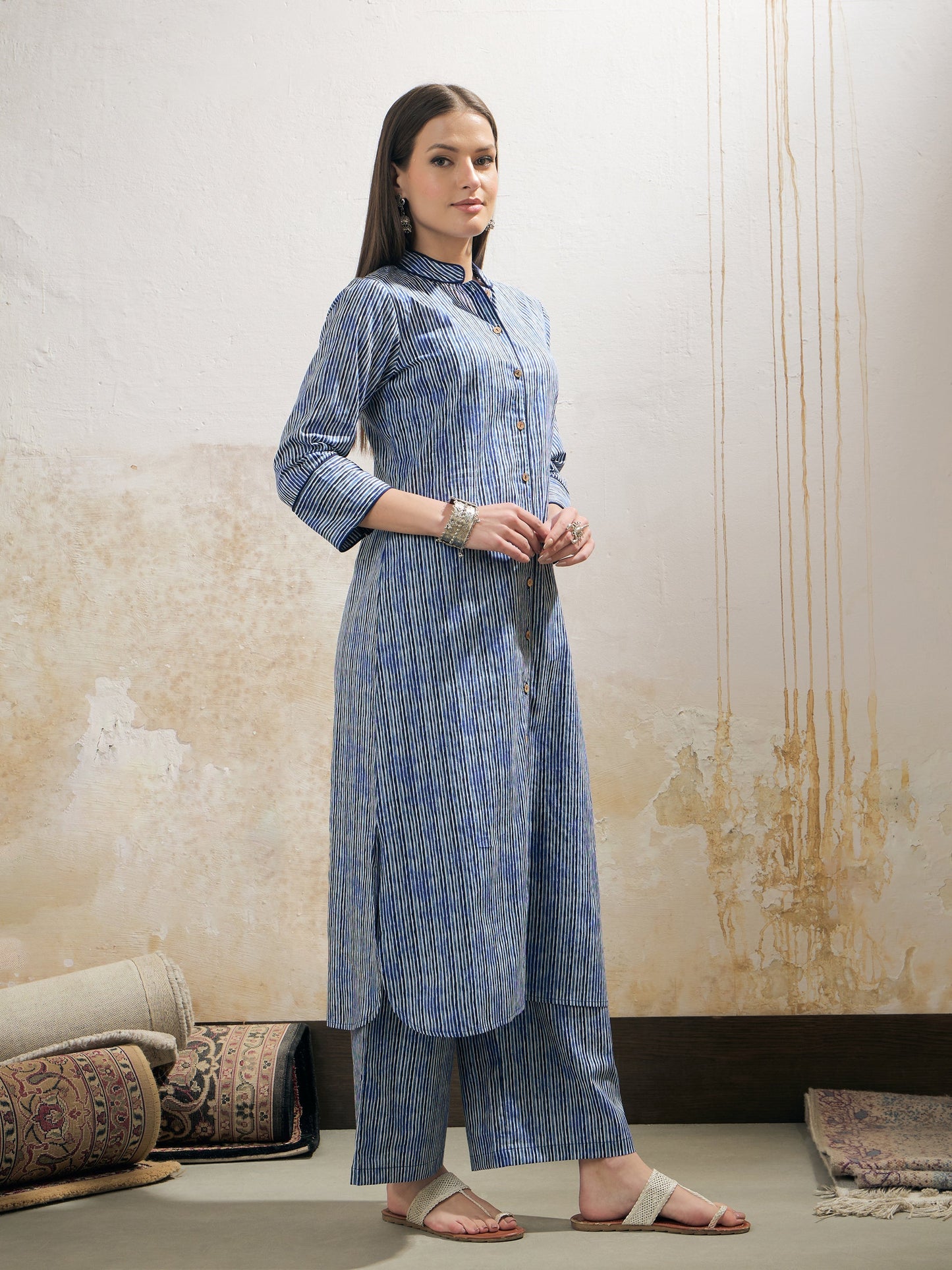 Blue Stripes Cambric Front Button Kurta With Pencil Pants-Shae by SASSAFRAS