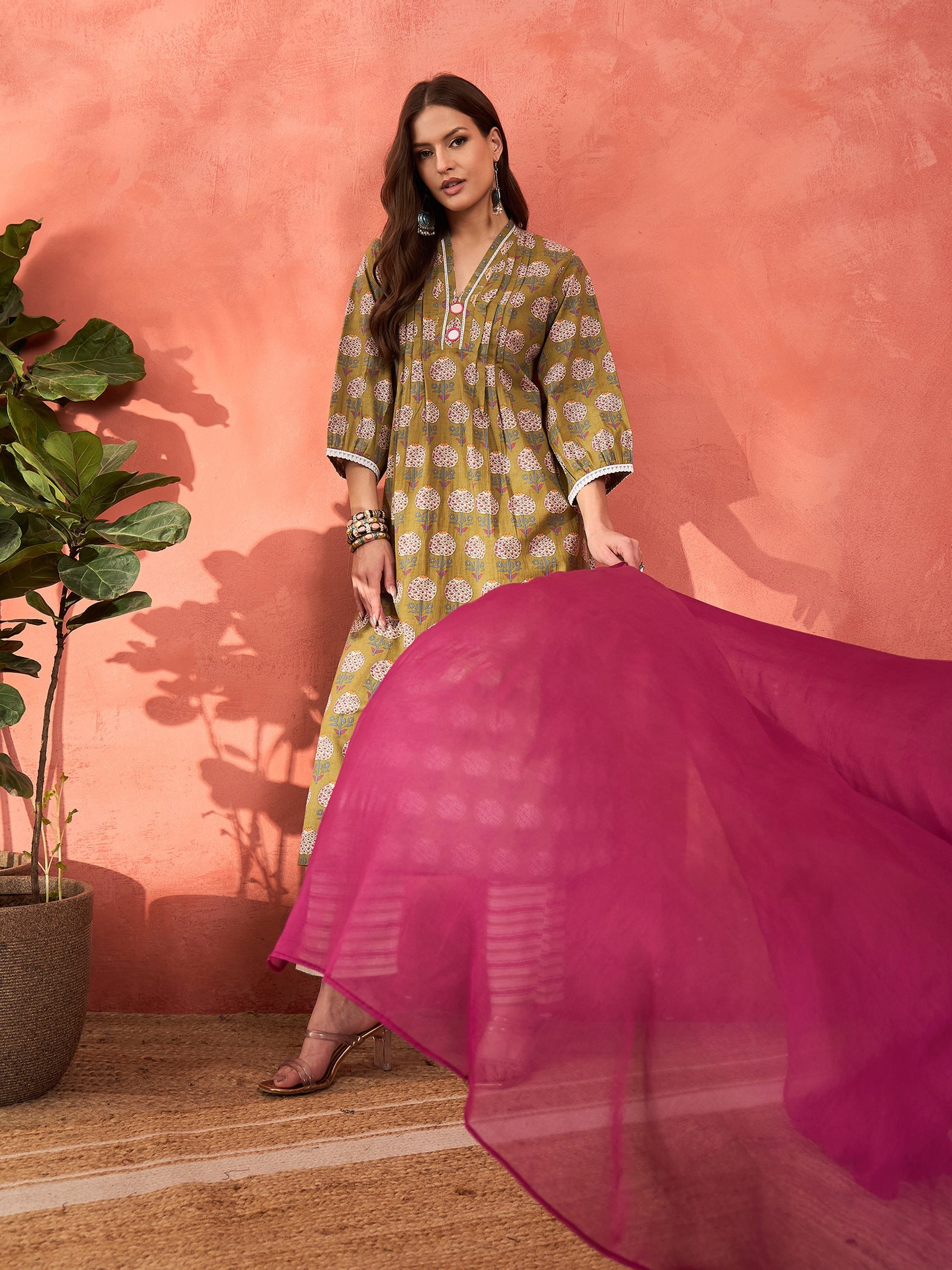 Green Floral Cambric Kurta With Pencil Pants & Dupatta-Shae by SASSAFRAS