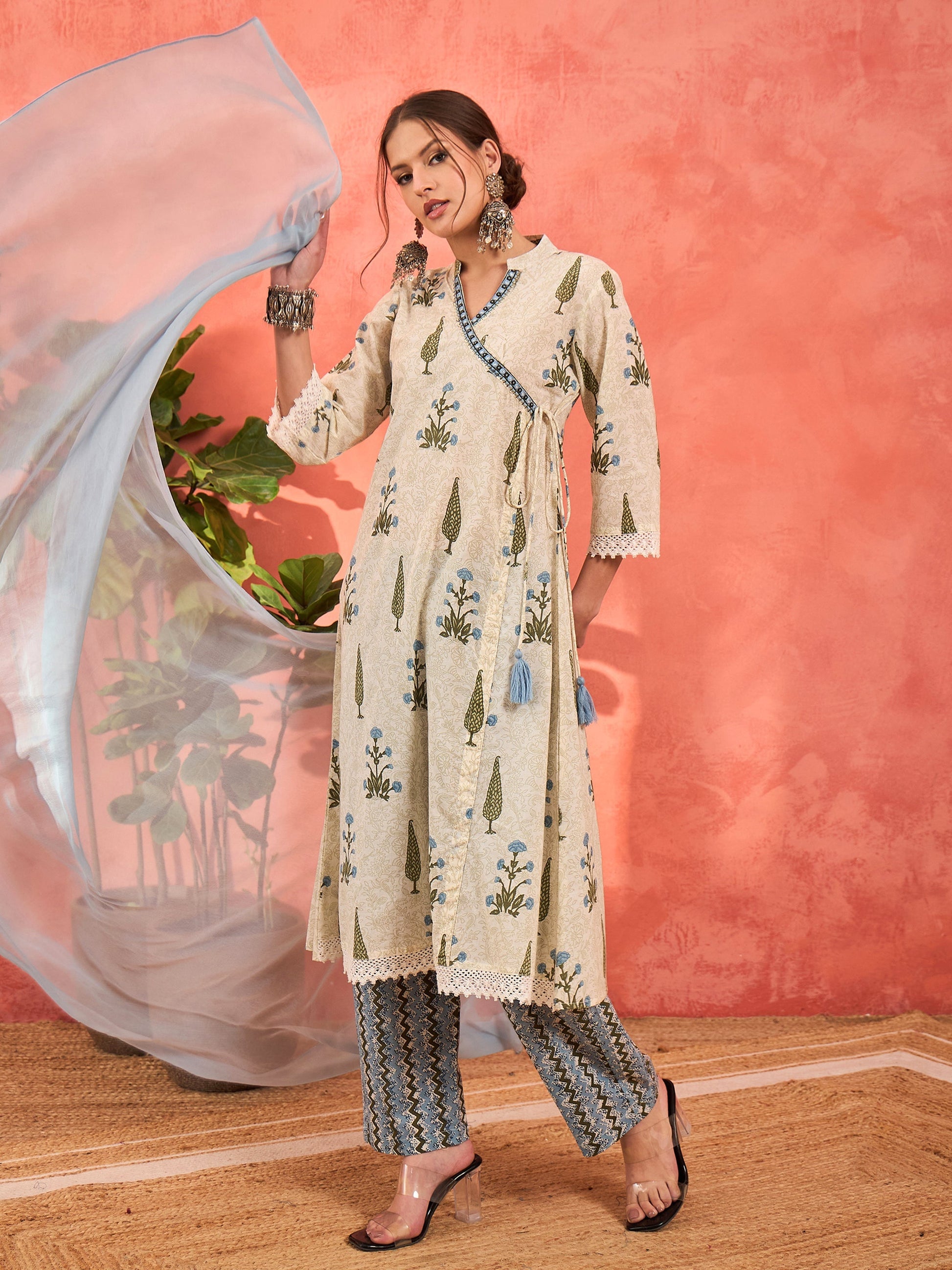 White Floral Wrap Kurta With Pencil Pants & Dupatta-Shae by SASSAFRAS