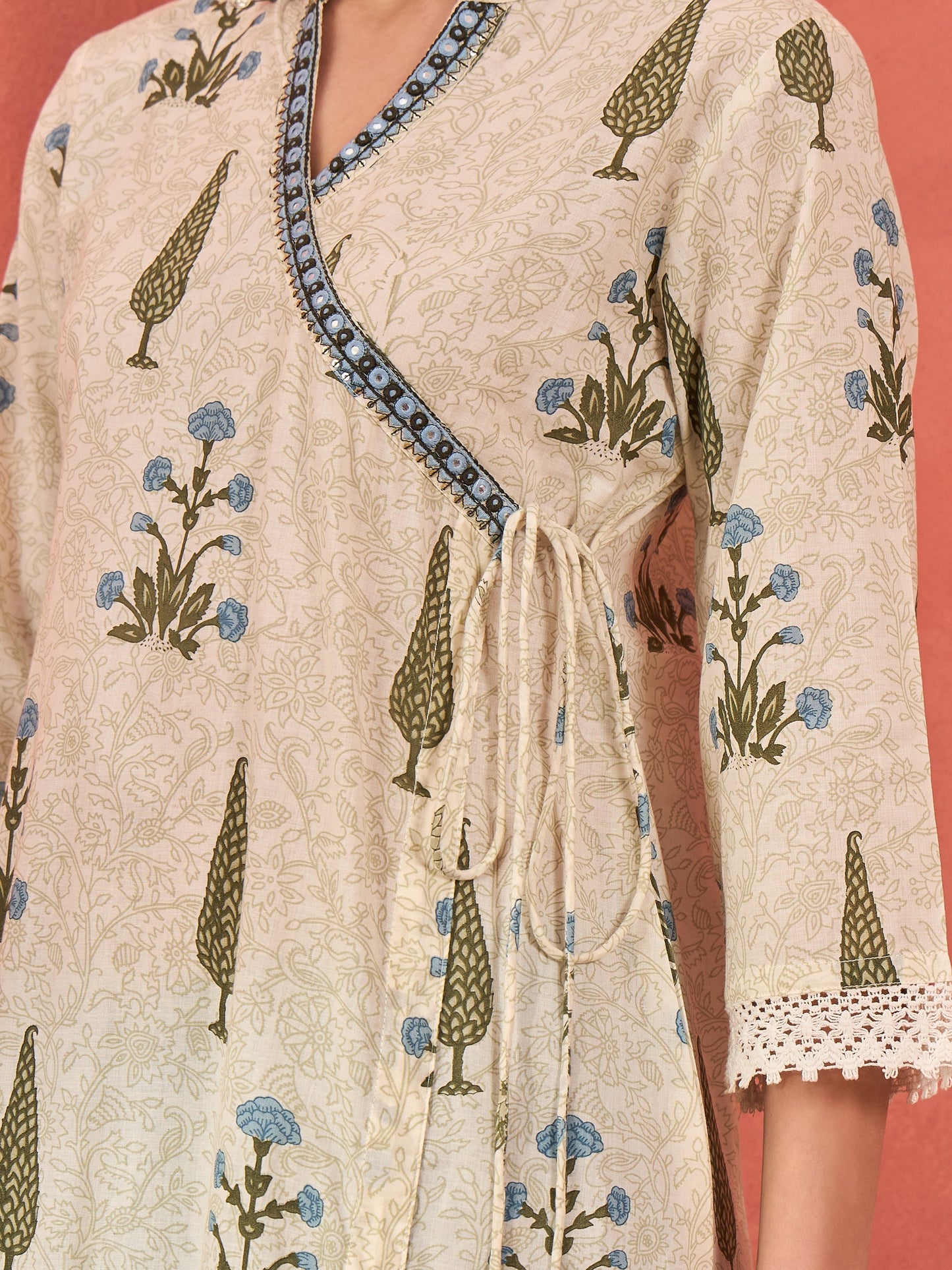 White Floral Wrap Kurta With Pencil Pants & Dupatta-Shae by SASSAFRAS