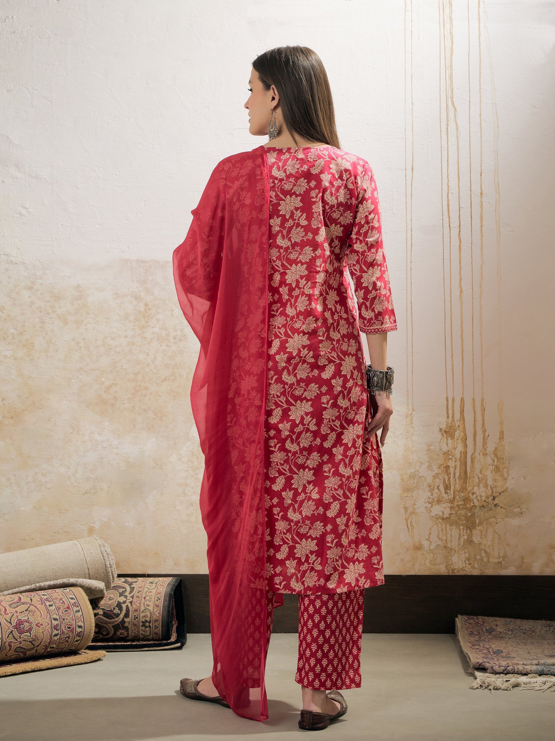 Pink Floral Cambric Kurta With Pencil Pants & Dupatta-Shae by SASSAFRAS