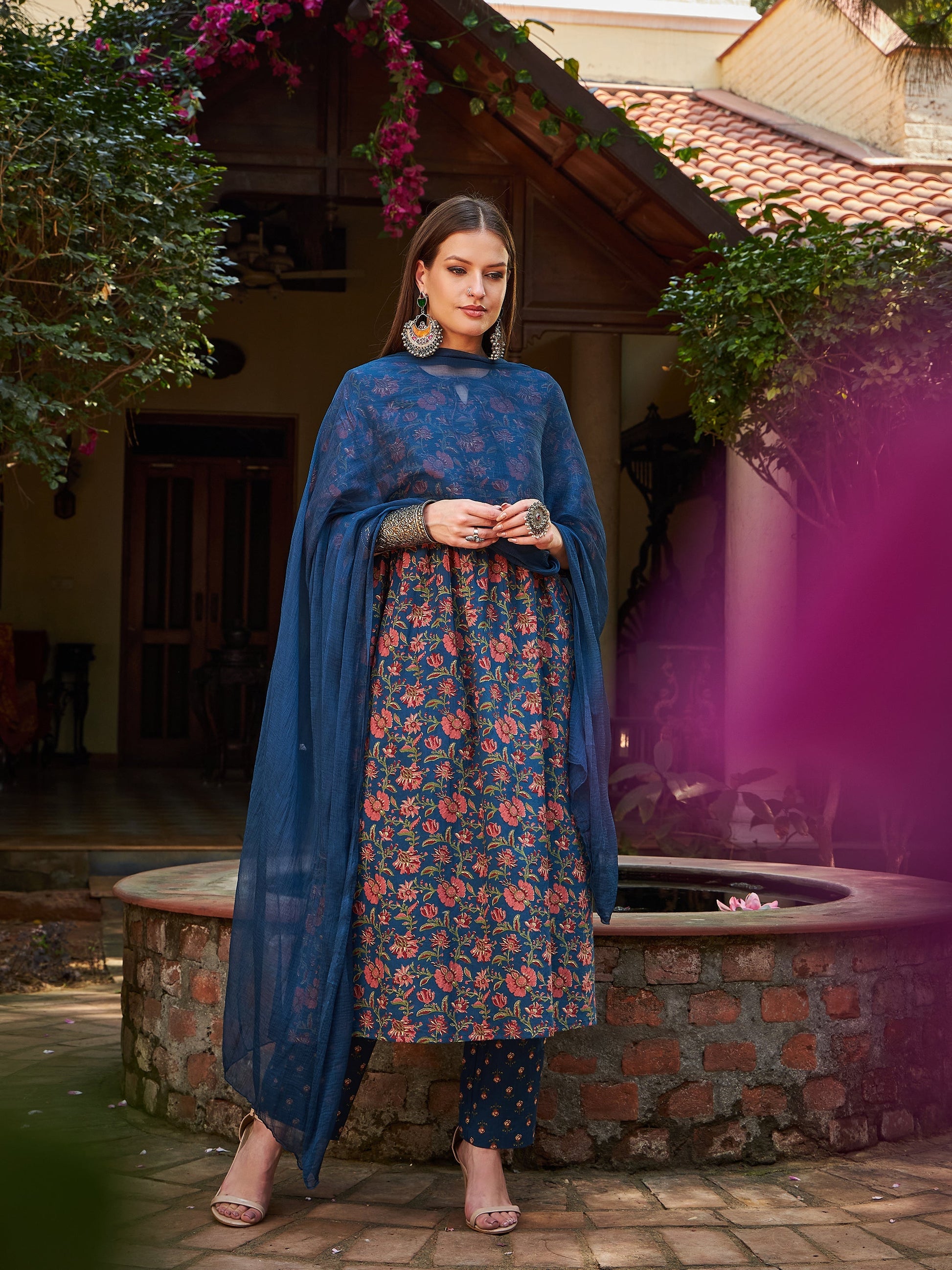 Navy Floral Front Dori Gathered Kurta With Pencil Pants & Dupatta-Shae by SASSAFRAS