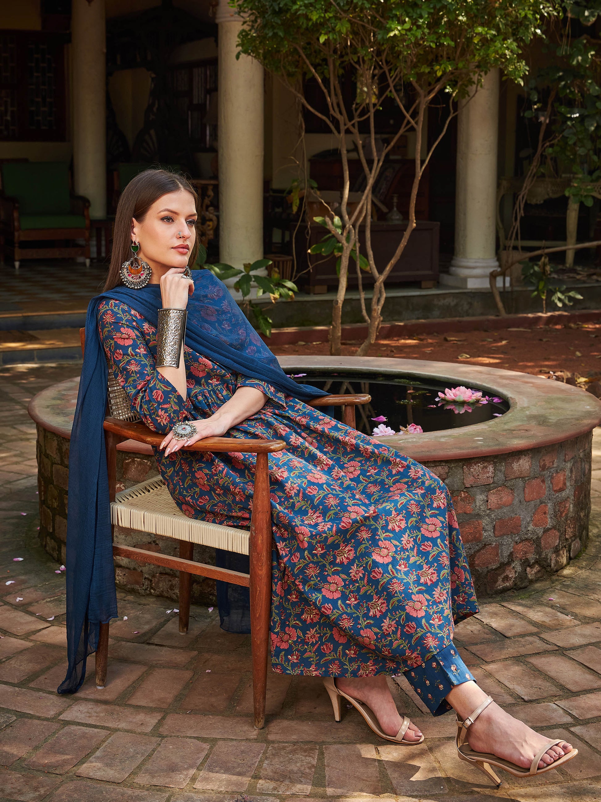 Navy Floral Front Dori Gathered Kurta With Pencil Pants & Dupatta-Shae by SASSAFRAS