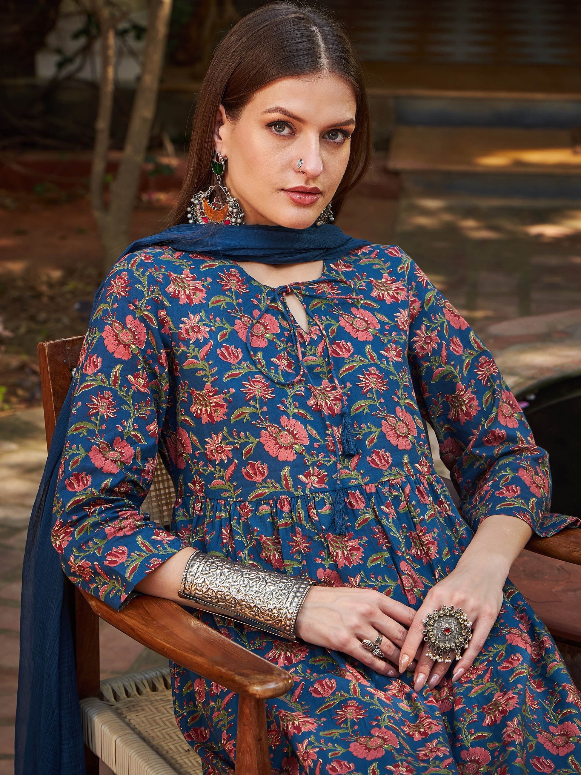 Navy Floral Front Dori Gathered Kurta With Pencil Pants & Dupatta-Shae by SASSAFRAS
