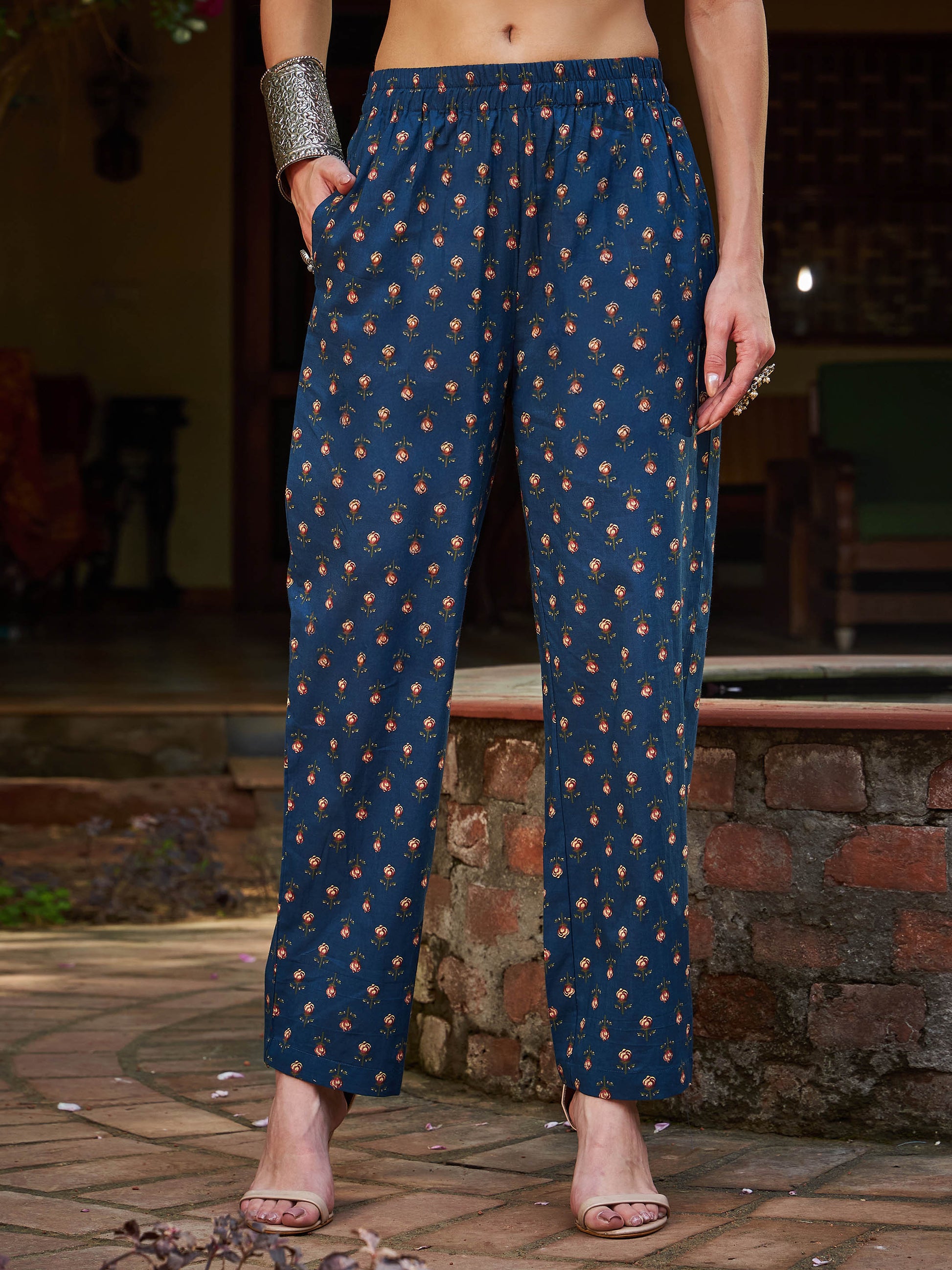 Navy Floral Front Dori Gathered Kurta With Pencil Pants & Dupatta-Shae by SASSAFRAS