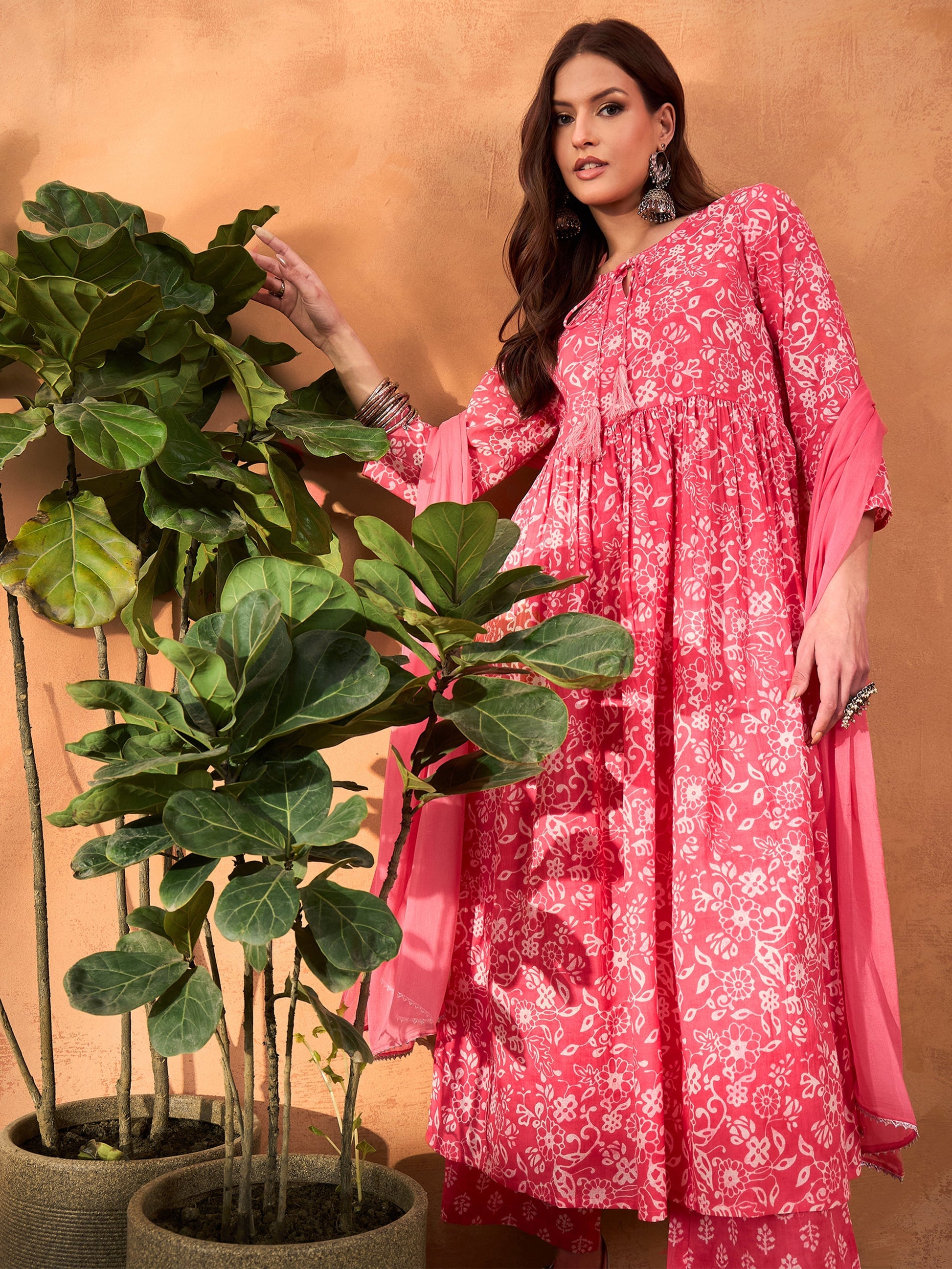 Pink Floral Round Neck Gathered Kurta With Pencil Pants & Dupatta-Shae by SASSAFRAS