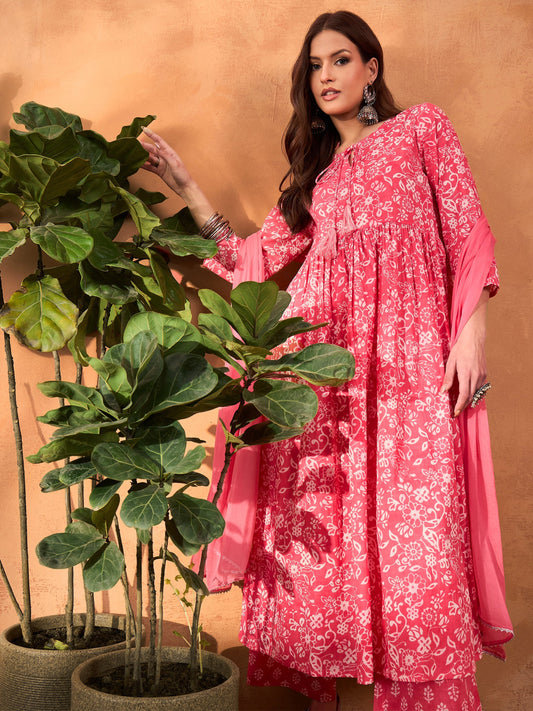 Pink Floral Round Neck Gathered Kurta With Pencil Pants & Dupatta-Shae by SASSAFRAS