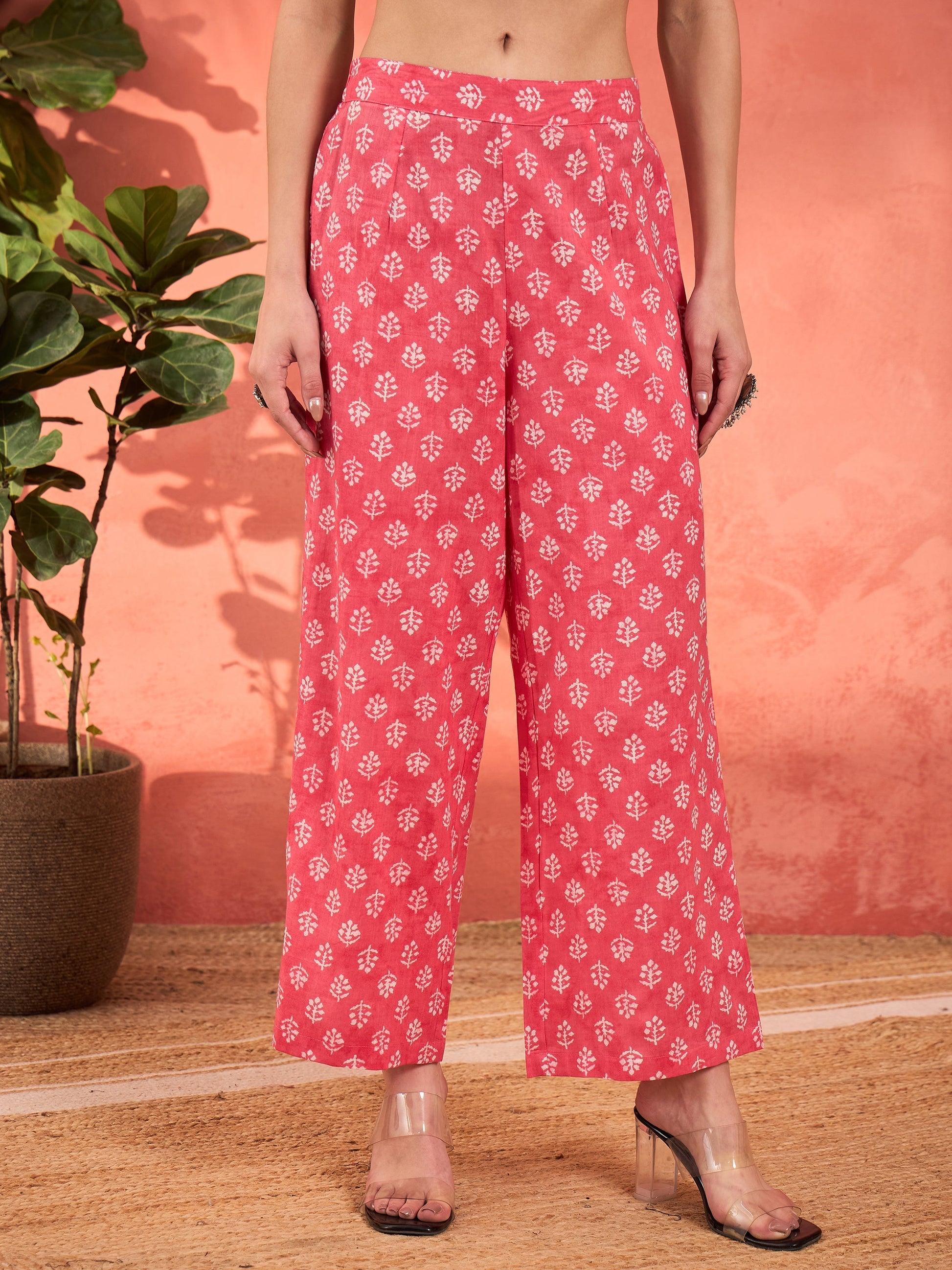 Pink Floral Round Neck Gathered Kurta With Pencil Pants & Dupatta-Shae by SASSAFRAS