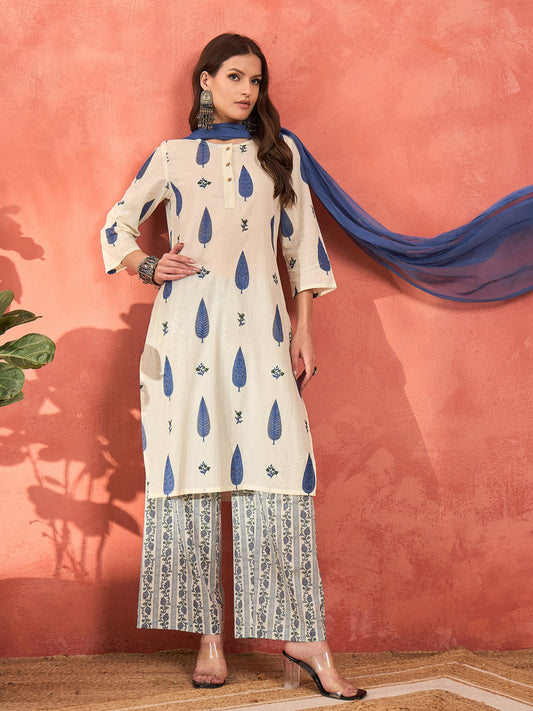 White & Blue Floral Straight Kurta With Pencil Pants & Dupatta-Shae by SASSAFRAS