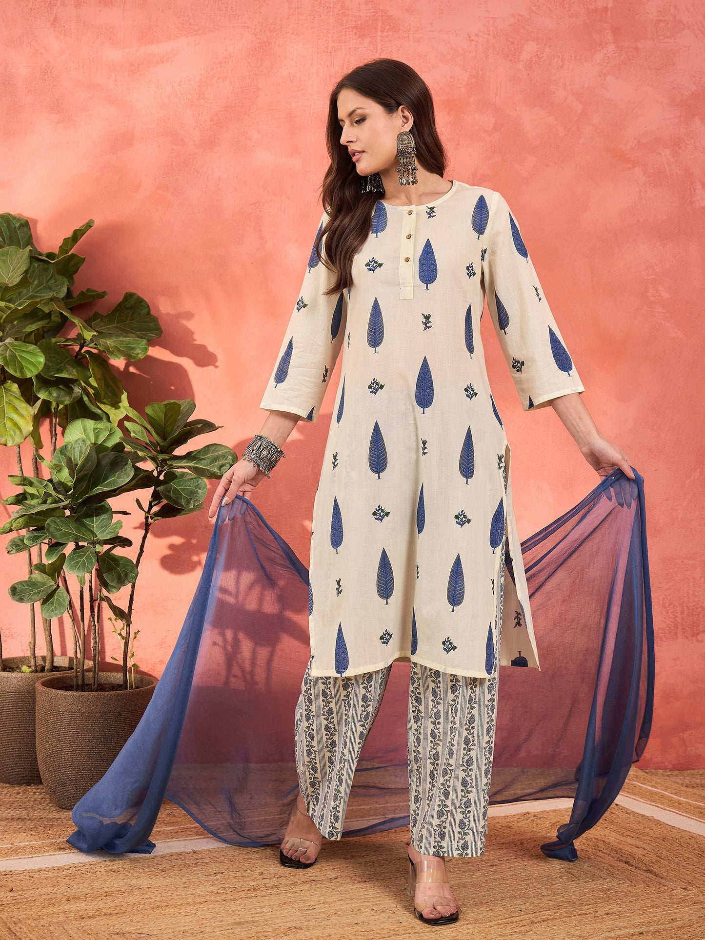 White & Blue Floral Straight Kurta With Pencil Pants & Dupatta-Shae by SASSAFRAS