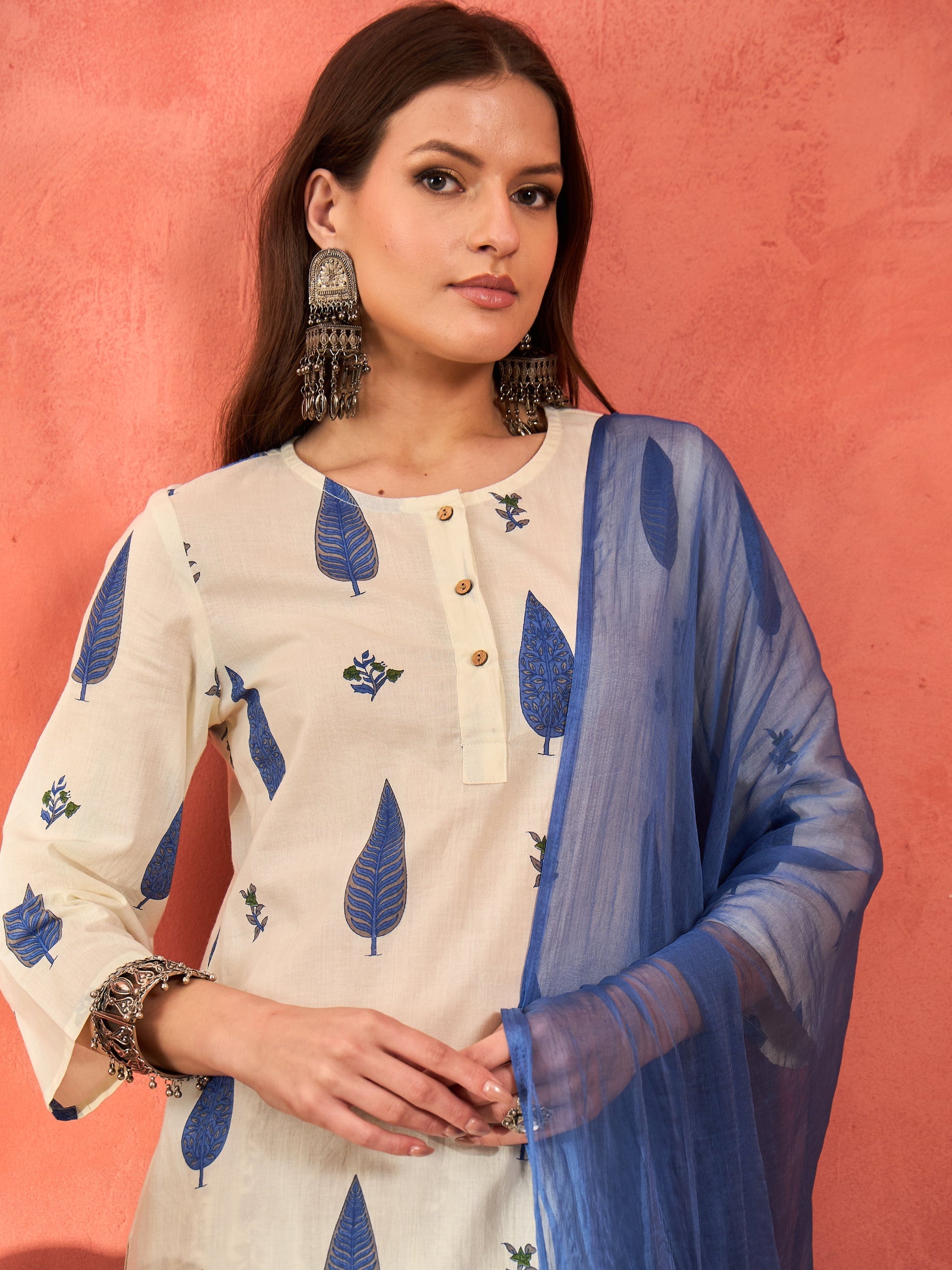 White & Blue Floral Straight Kurta With Pencil Pants & Dupatta-Shae by SASSAFRAS