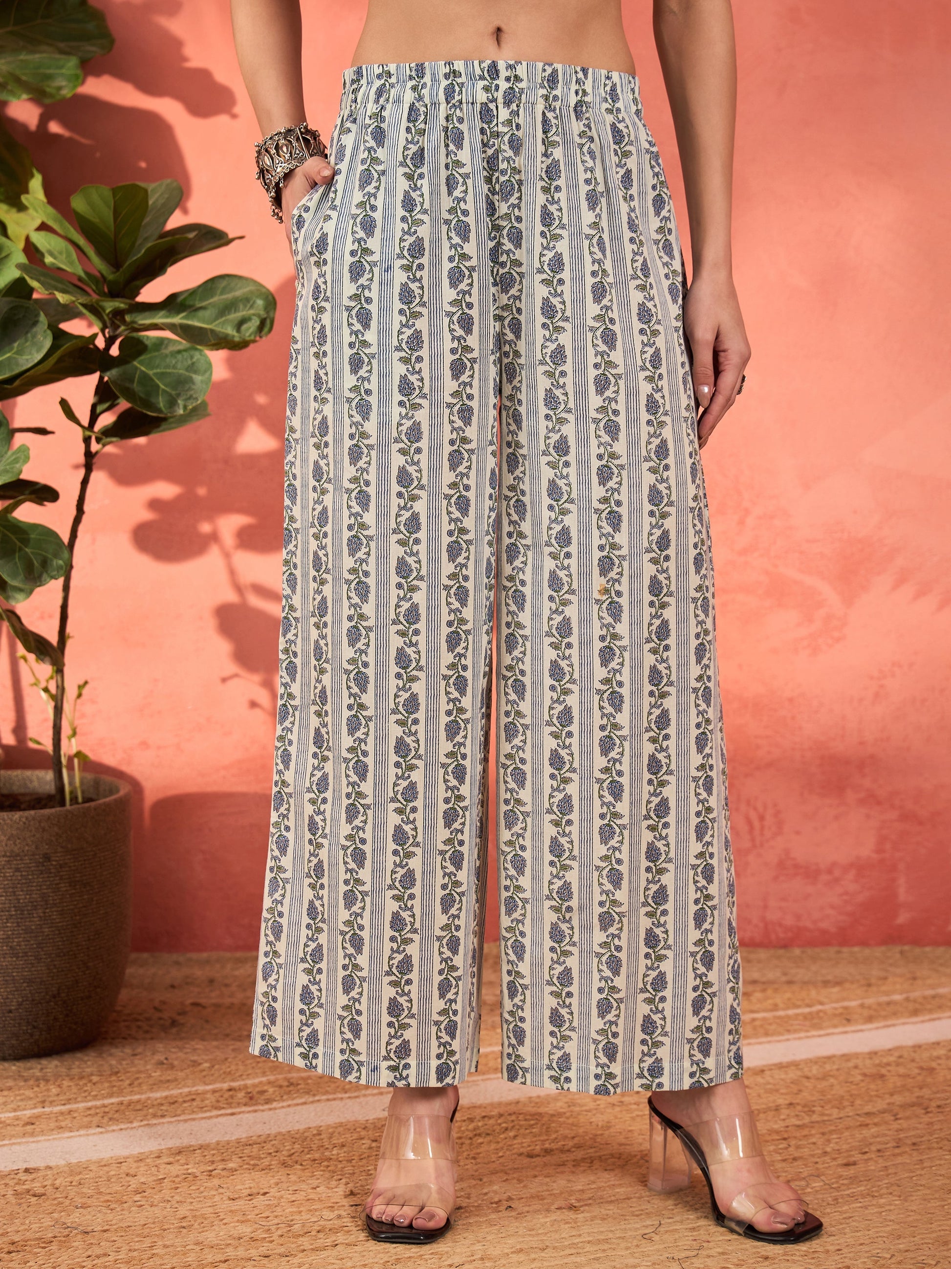 White & Blue Floral Straight Kurta With Pencil Pants & Dupatta-Shae by SASSAFRAS
