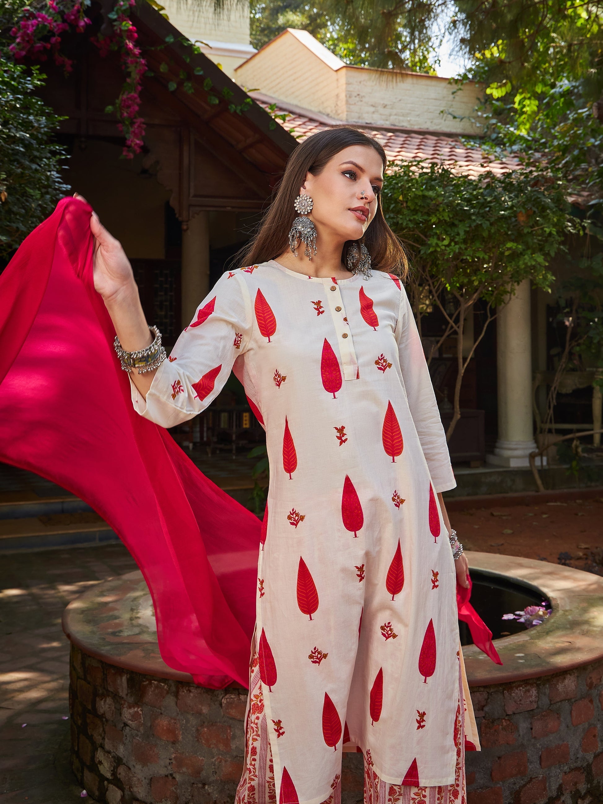 White & Red Floral Straight Kurta With Pencil Pants & Dupatta-Shae by SASSAFRAS
