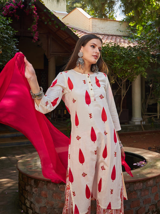 White & Red Floral Straight Kurta With Pencil Pants & Dupatta-Shae by SASSAFRAS