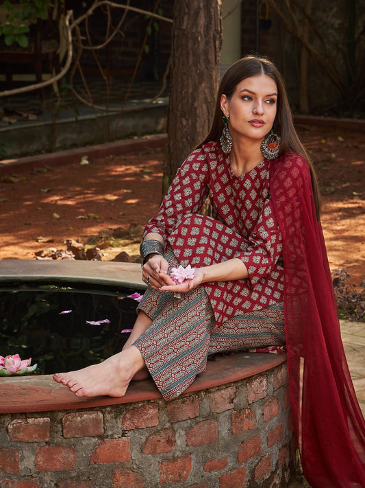 Maroon Floral Straight Kurta With Pants & Dupatta-Shae by SASSAFRAS