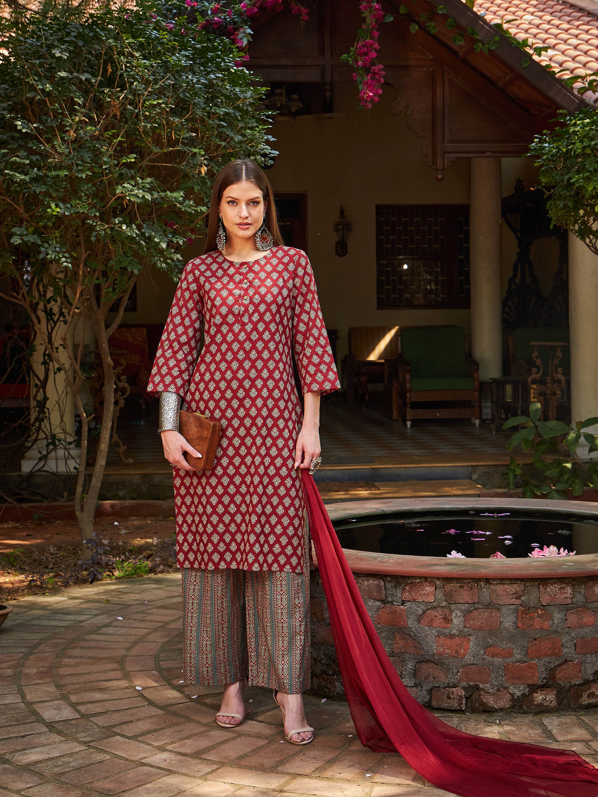 Maroon Floral Straight Kurta With Pants & Dupatta-Shae by SASSAFRAS