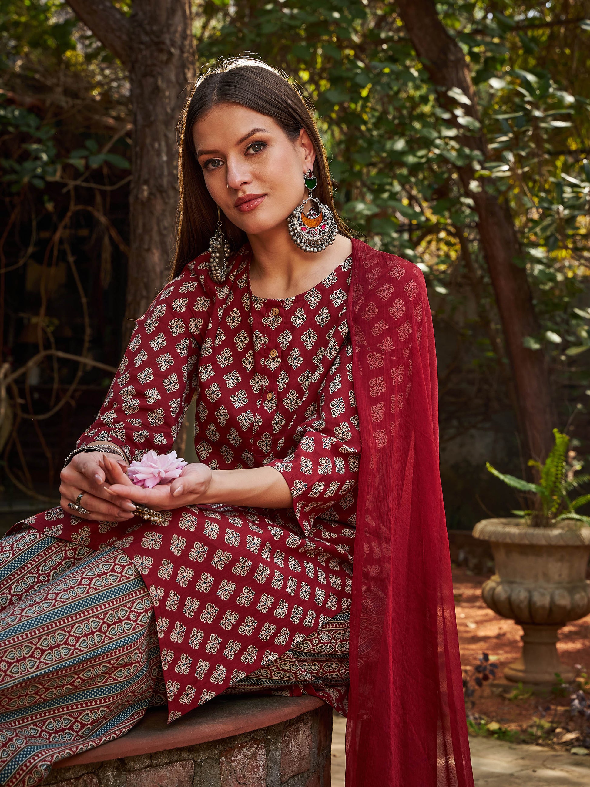Maroon Floral Straight Kurta With Pants & Dupatta-Shae by SASSAFRAS