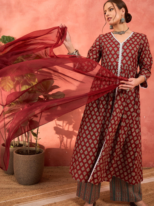 Maroon Floral Front Slit Kurta With Pencil Pants & Dupatta-Shae by SASSAFRAS