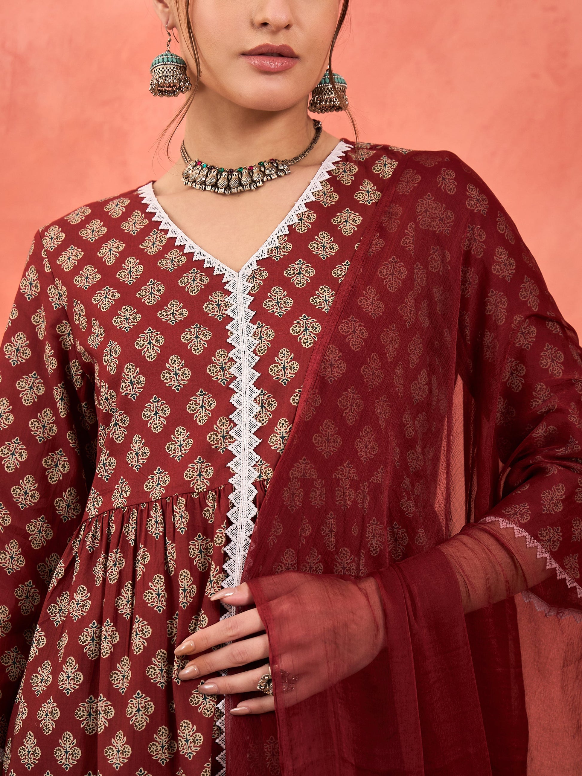 Maroon Floral Front Slit Kurta With Pencil Pants & Dupatta-Shae by SASSAFRAS