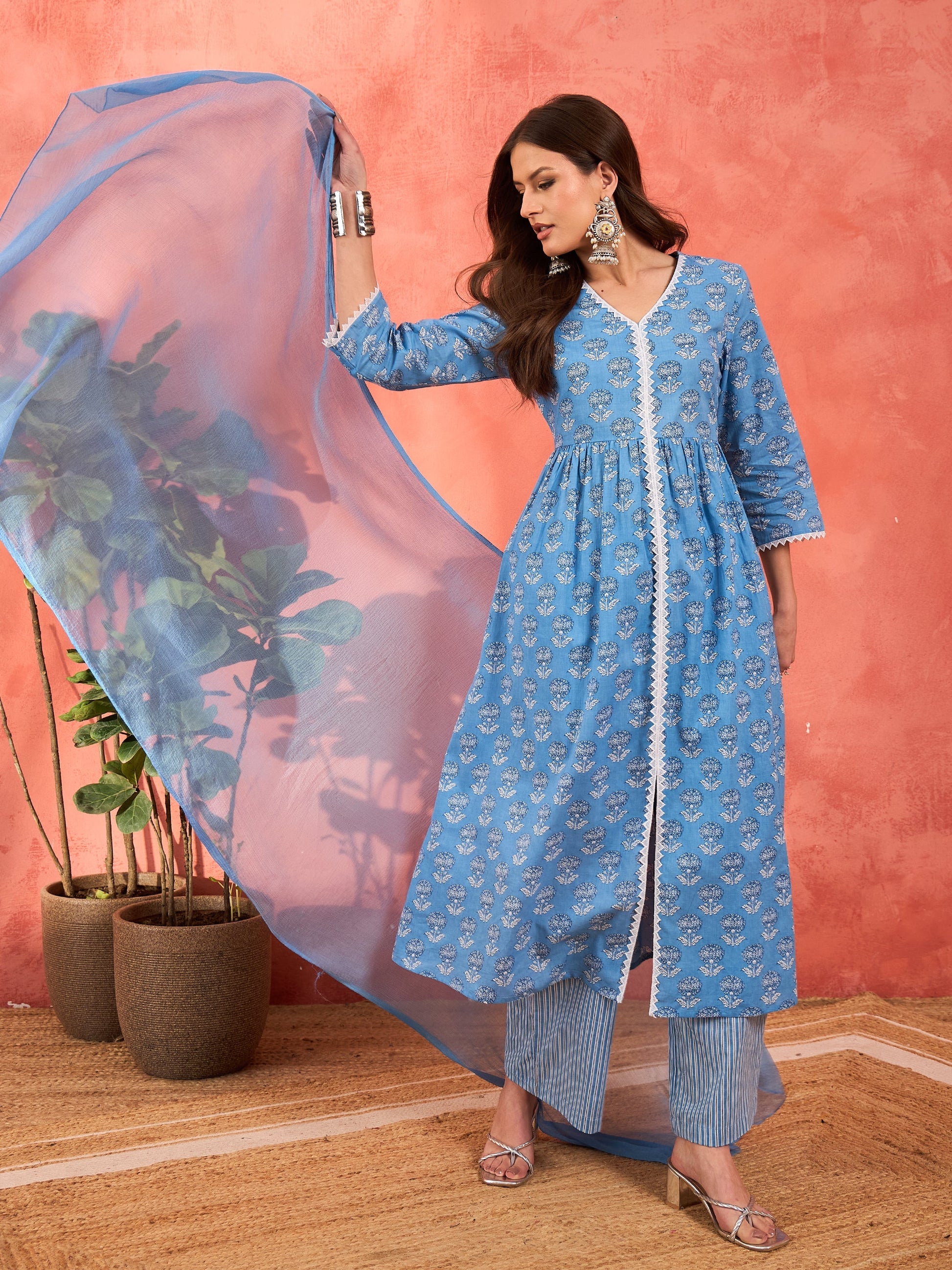 Blue Floral Front Slit Kurta With Pencil Pants & Dupatta-Shae by SASSAFRAS