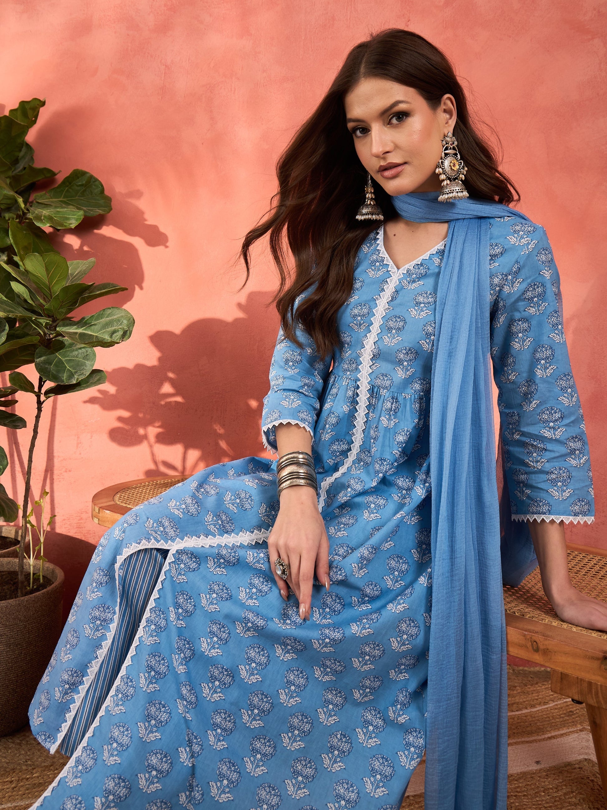 Blue Floral Front Slit Kurta With Pencil Pants & Dupatta-Shae by SASSAFRAS