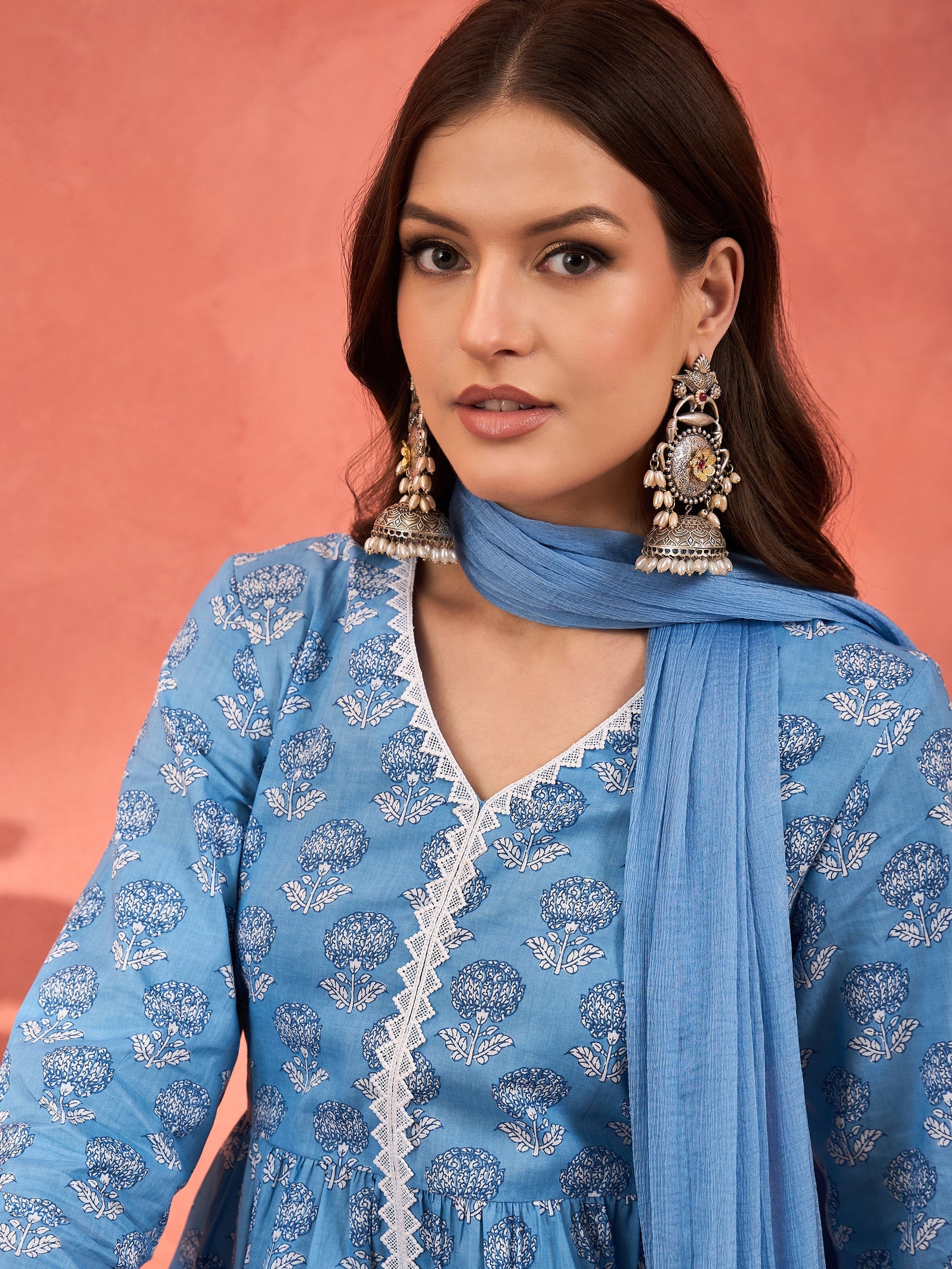 Blue Floral Front Slit Kurta With Pencil Pants & Dupatta-Shae by SASSAFRAS