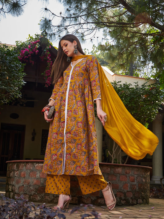 Mustard Floral Front Slit Kurta With Pencil Pants & Dupatta-Shae by SASSAFRAS