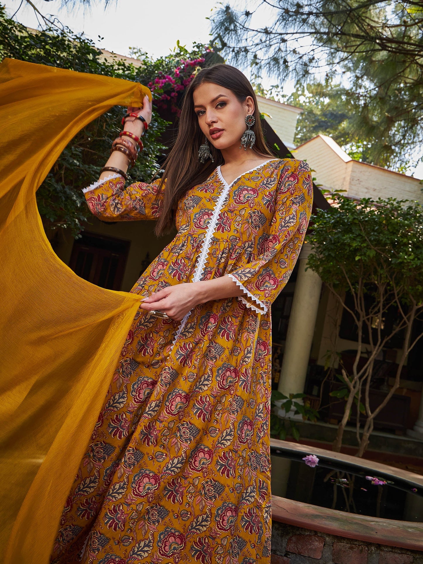 Mustard Floral Front Slit Kurta With Pencil Pants & Dupatta-Shae by SASSAFRAS