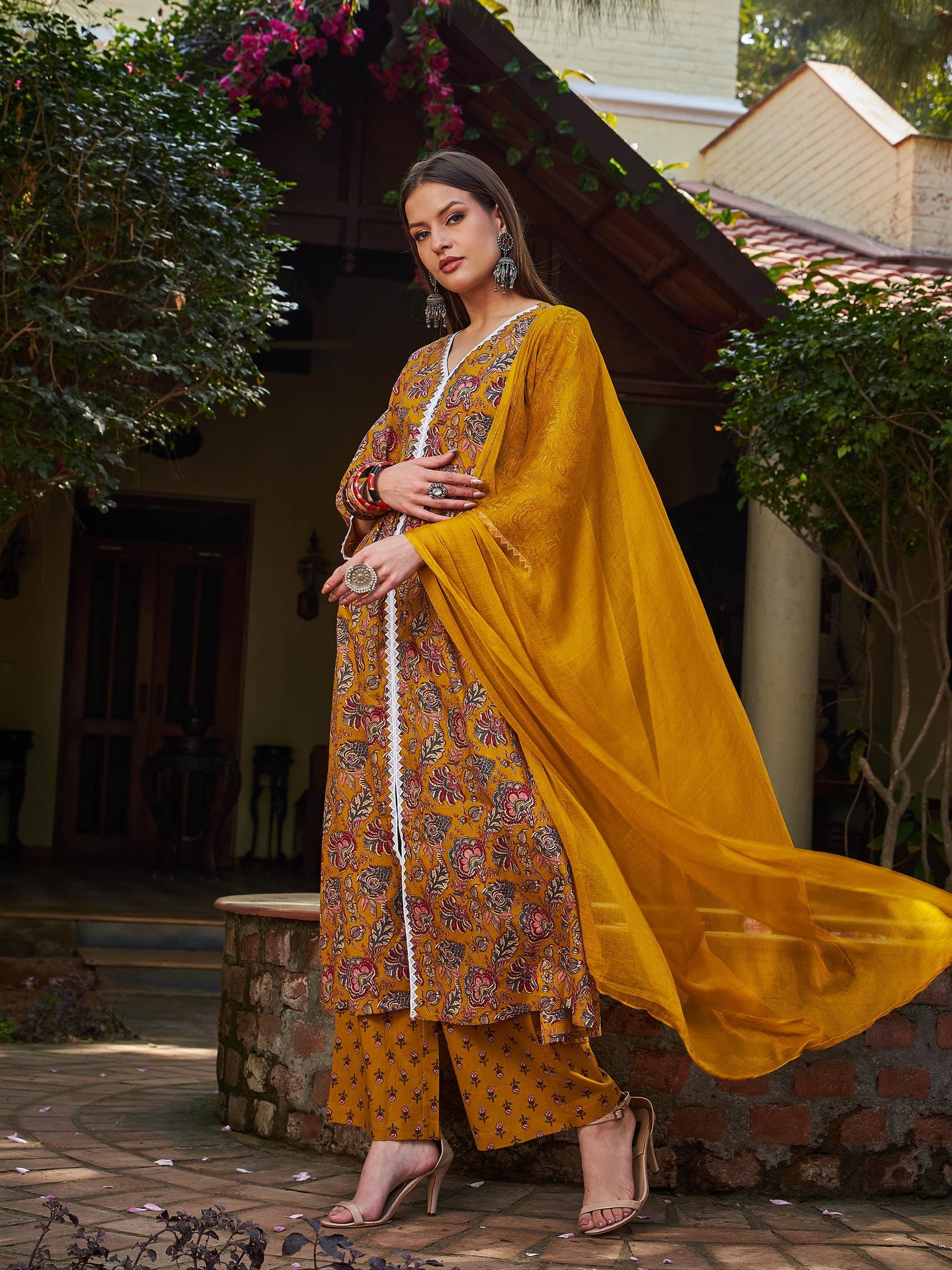 Mustard Floral Front Slit Kurta With Pencil Pants & Dupatta-Shae by SASSAFRAS