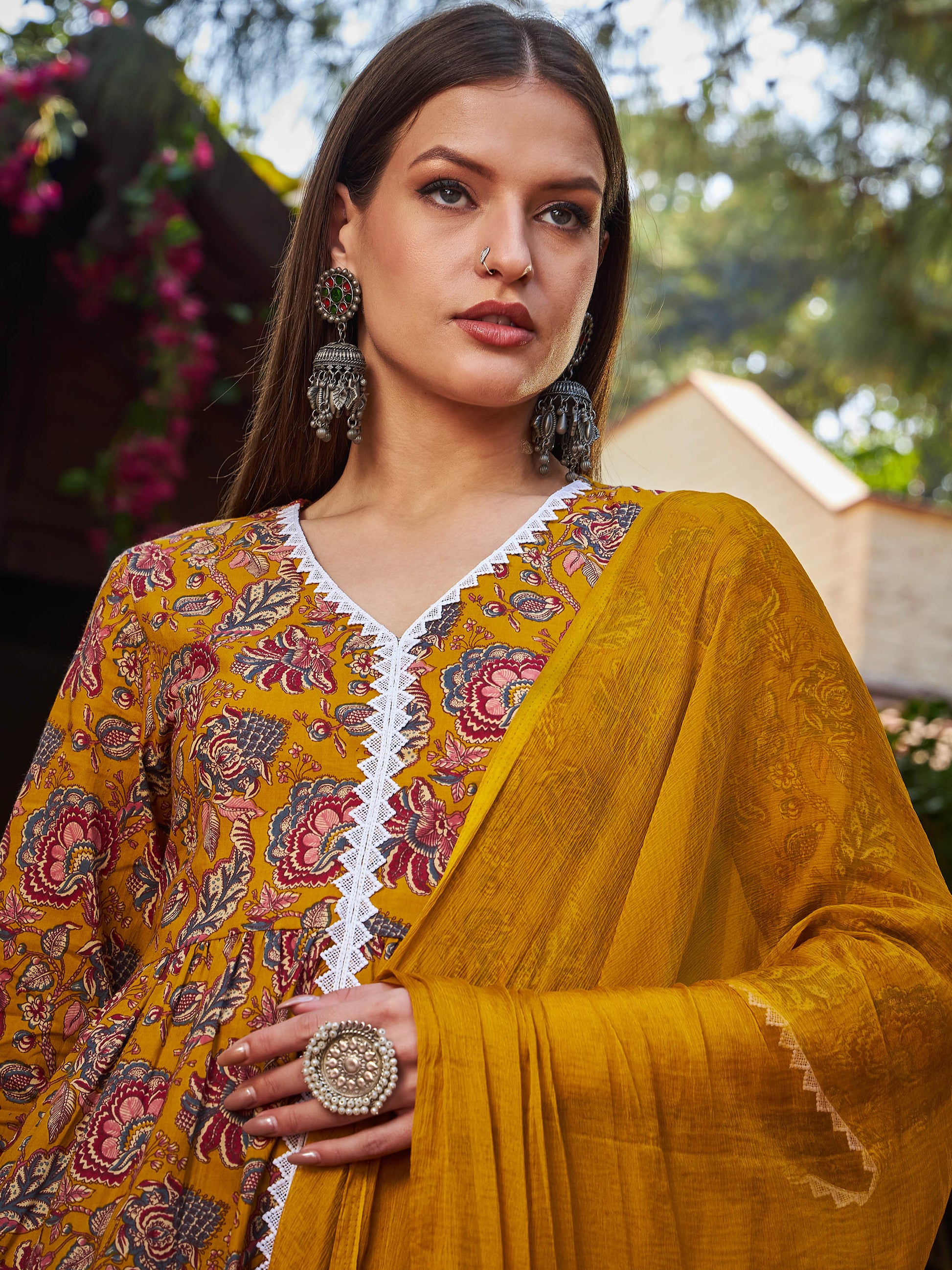Mustard Floral Front Slit Kurta With Pencil Pants & Dupatta-Shae by SASSAFRAS