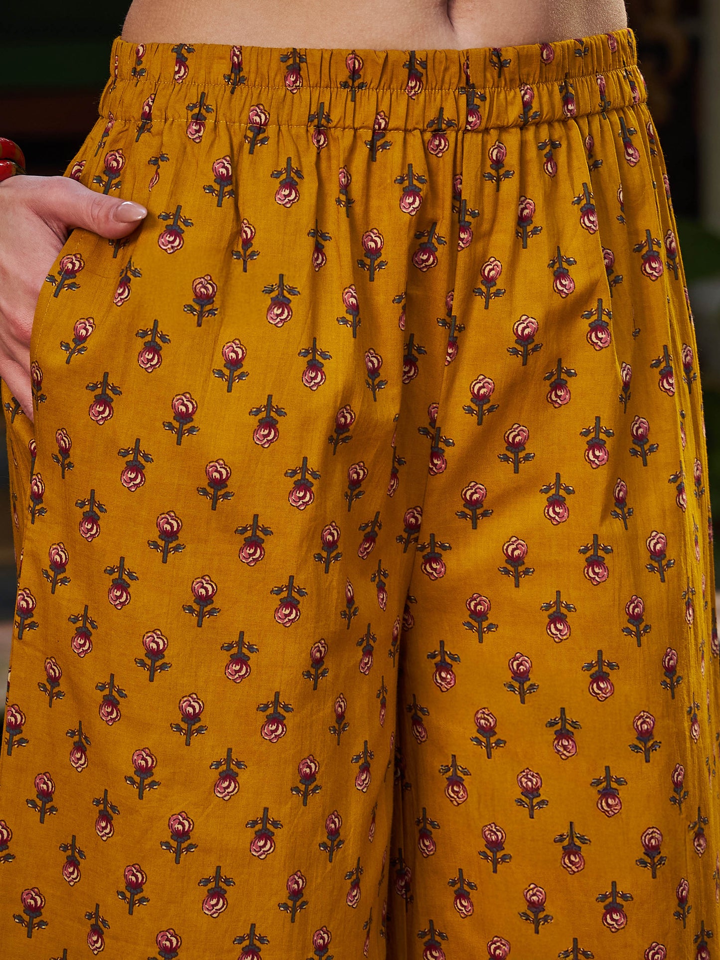 Mustard Floral Front Slit Kurta With Pencil Pants & Dupatta-Shae by SASSAFRAS