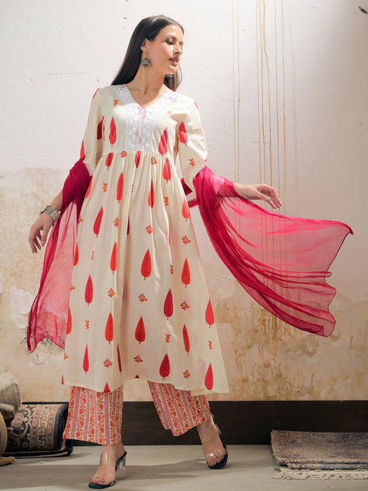 White & Red Floral Gathered Kurta With Pencil Pants & Dupatta-Shae by SASSAFRAS