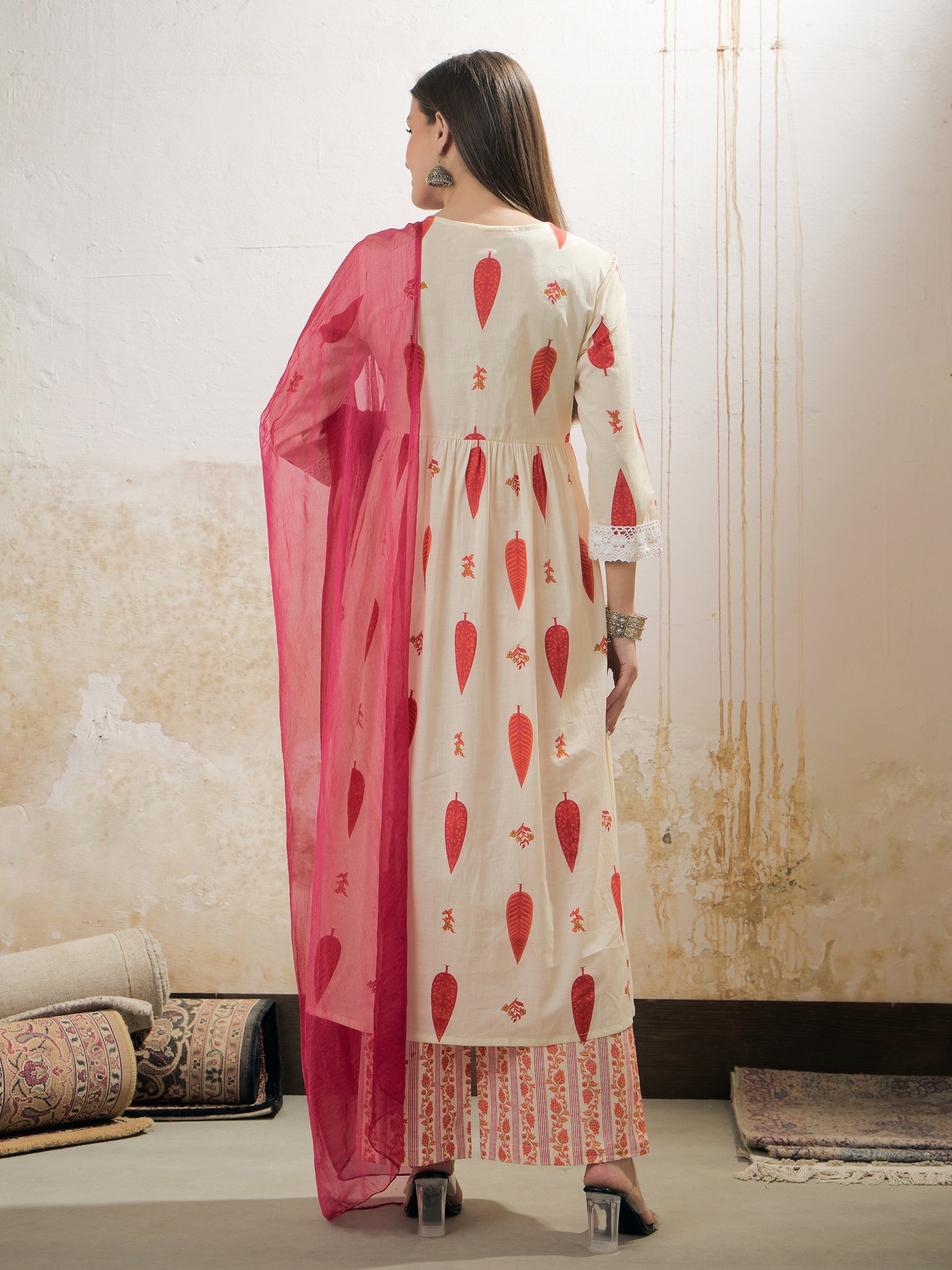 White & Red Floral Gathered Kurta With Pencil Pants & Dupatta-Shae by SASSAFRAS