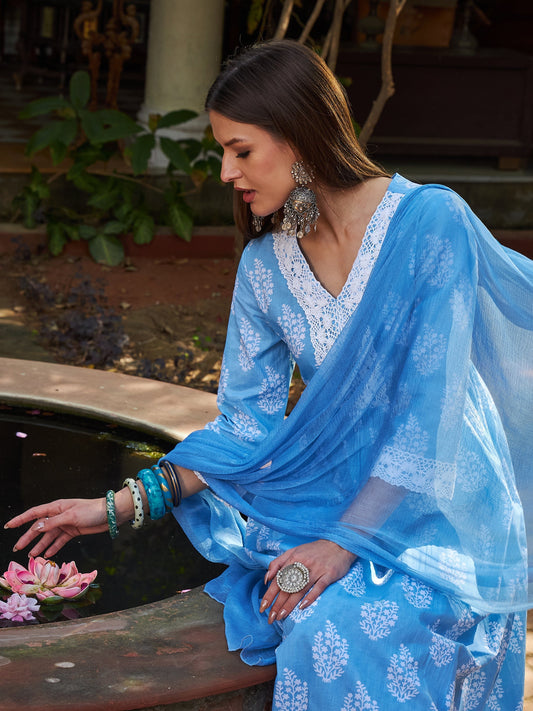 Blue Floral Gathered Kurta With Pencil Pants & Dupatta-Shae by SASSAFRAS
