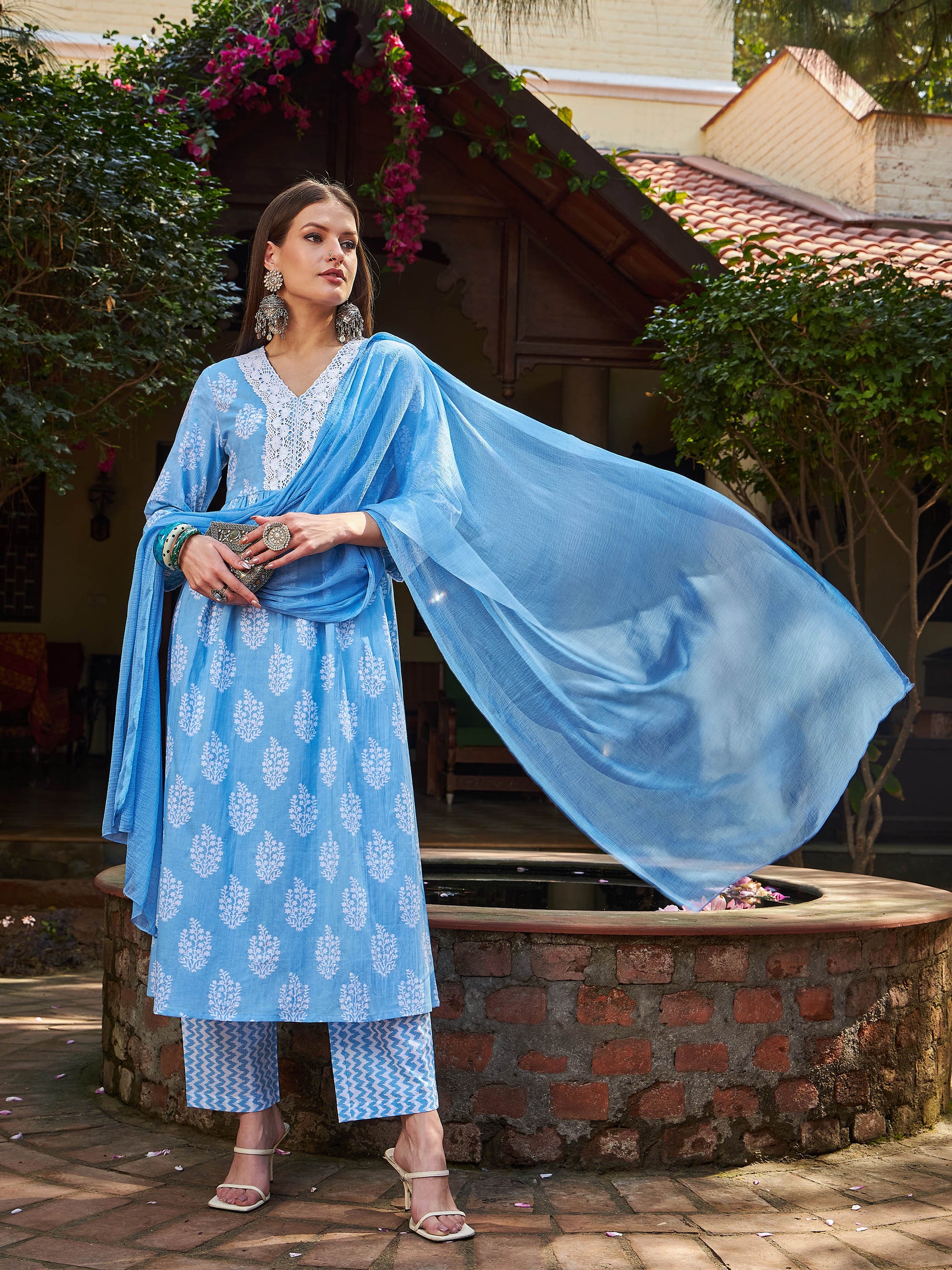 Blue Floral Gathered Kurta With Pencil Pants & Dupatta-Shae by SASSAFRAS