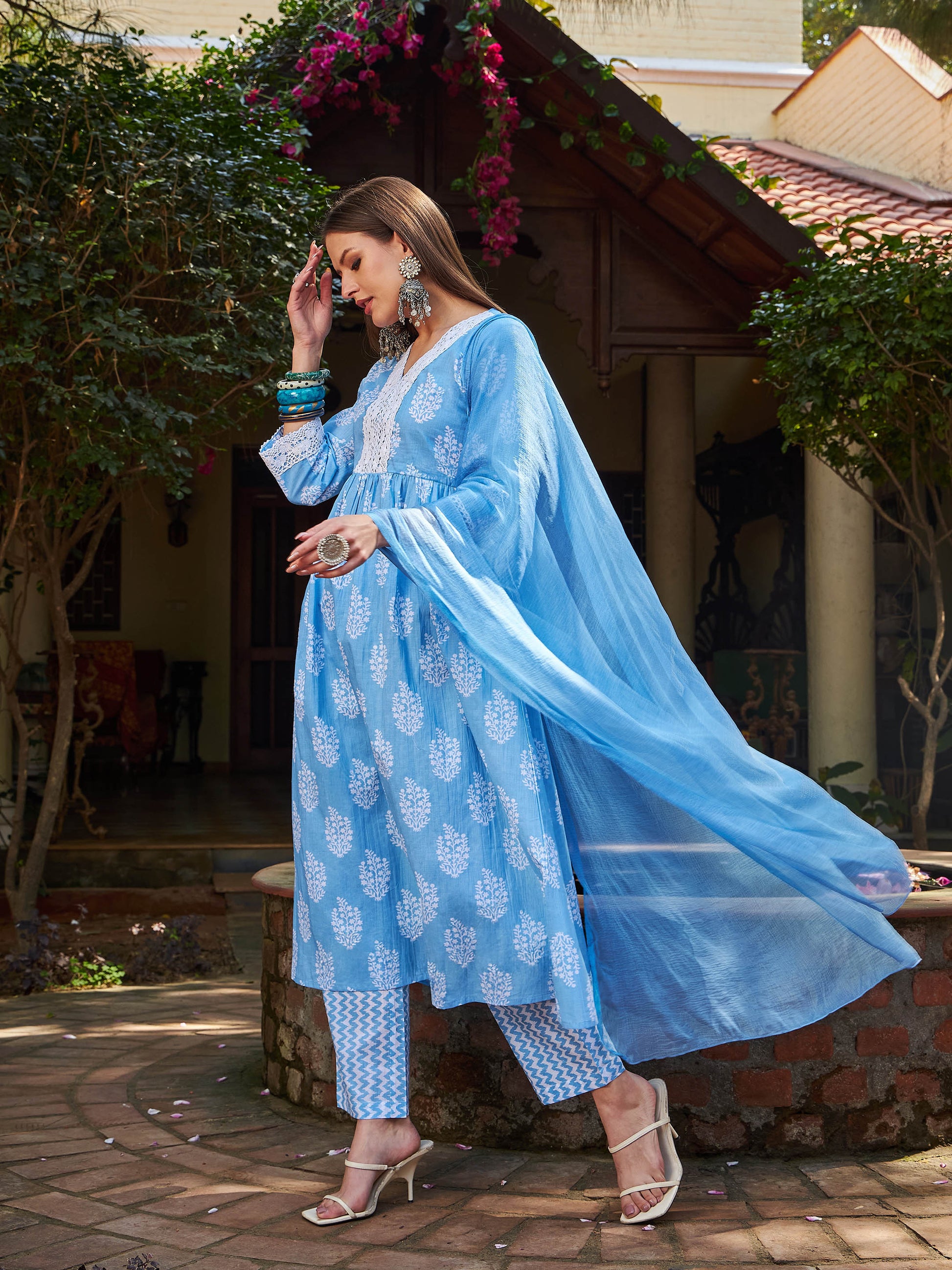 Blue Floral Gathered Kurta With Pencil Pants & Dupatta-Shae by SASSAFRAS