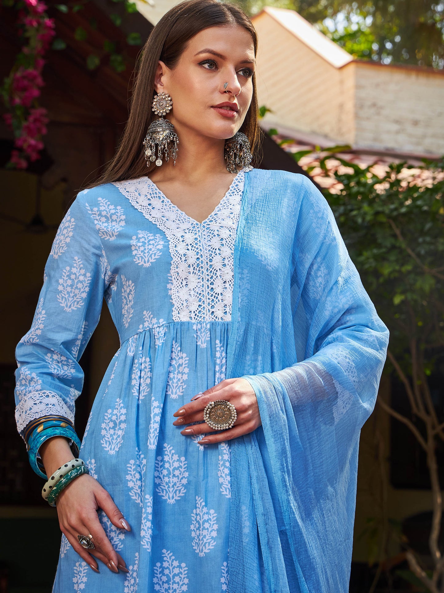 Blue Floral Gathered Kurta With Pencil Pants & Dupatta-Shae by SASSAFRAS