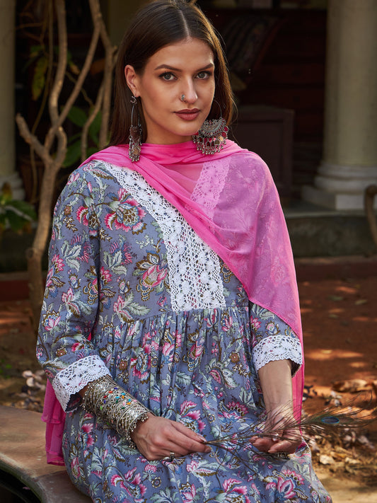 Grey Floral Gathered Kurta With Pencil Pants & Dupatta-Shae by SASSAFRAS