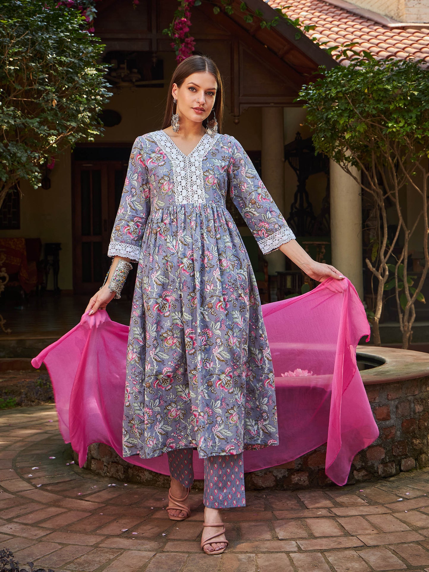 Grey Floral Gathered Kurta With Pencil Pants & Dupatta-Shae by SASSAFRAS