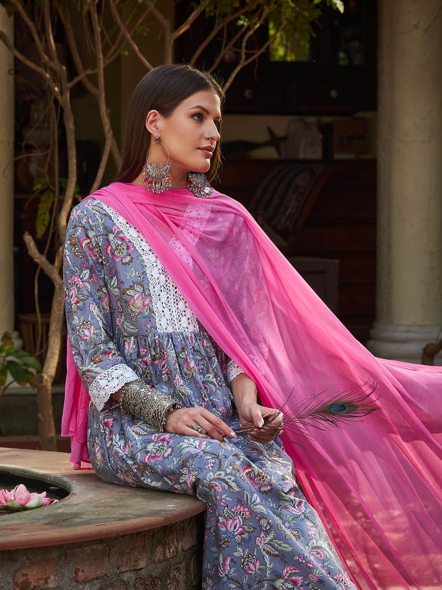Grey Floral Gathered Kurta With Pencil Pants & Dupatta-Shae by SASSAFRAS
