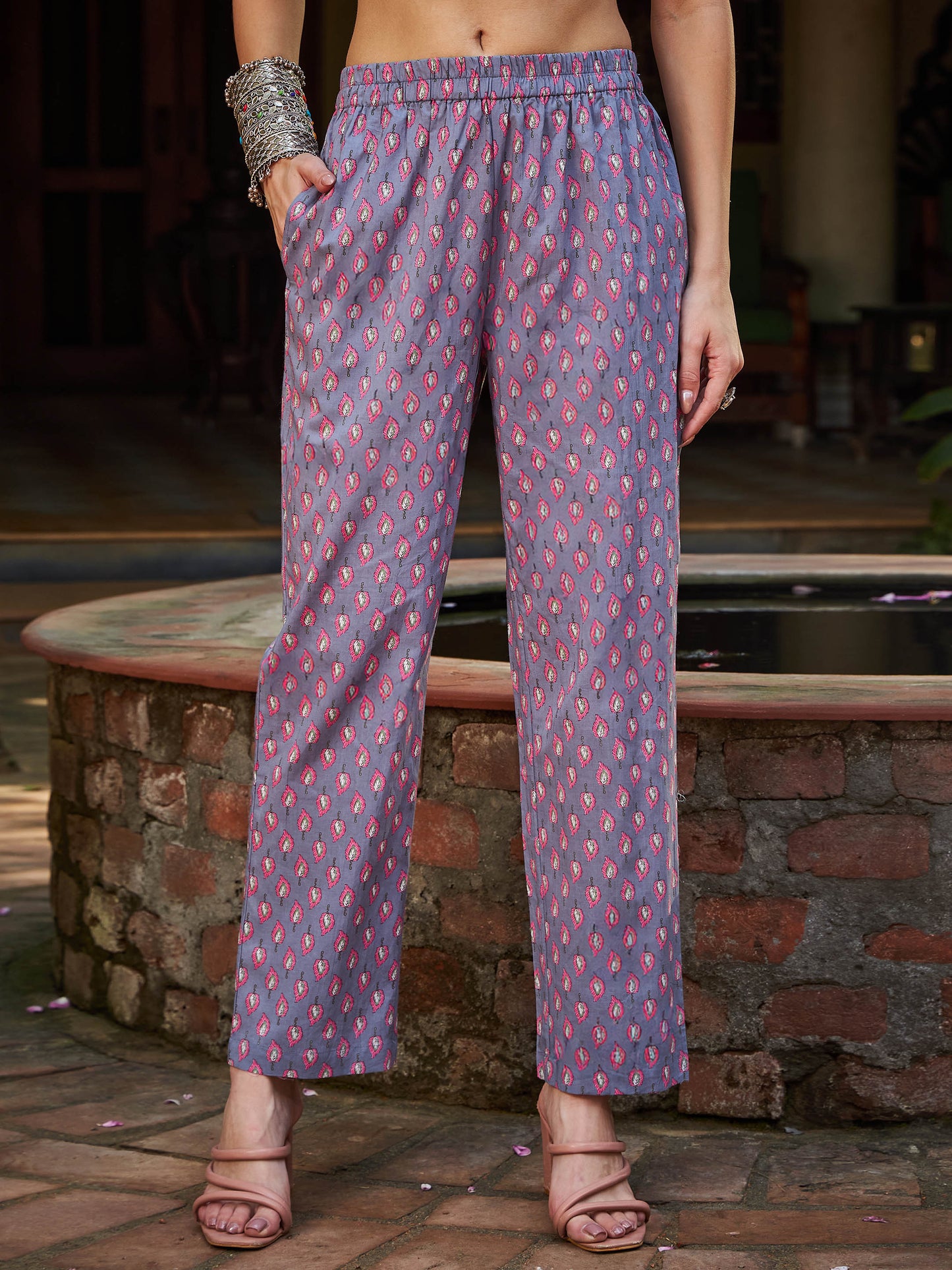 Grey Floral Gathered Kurta With Pencil Pants & Dupatta-Shae by SASSAFRAS