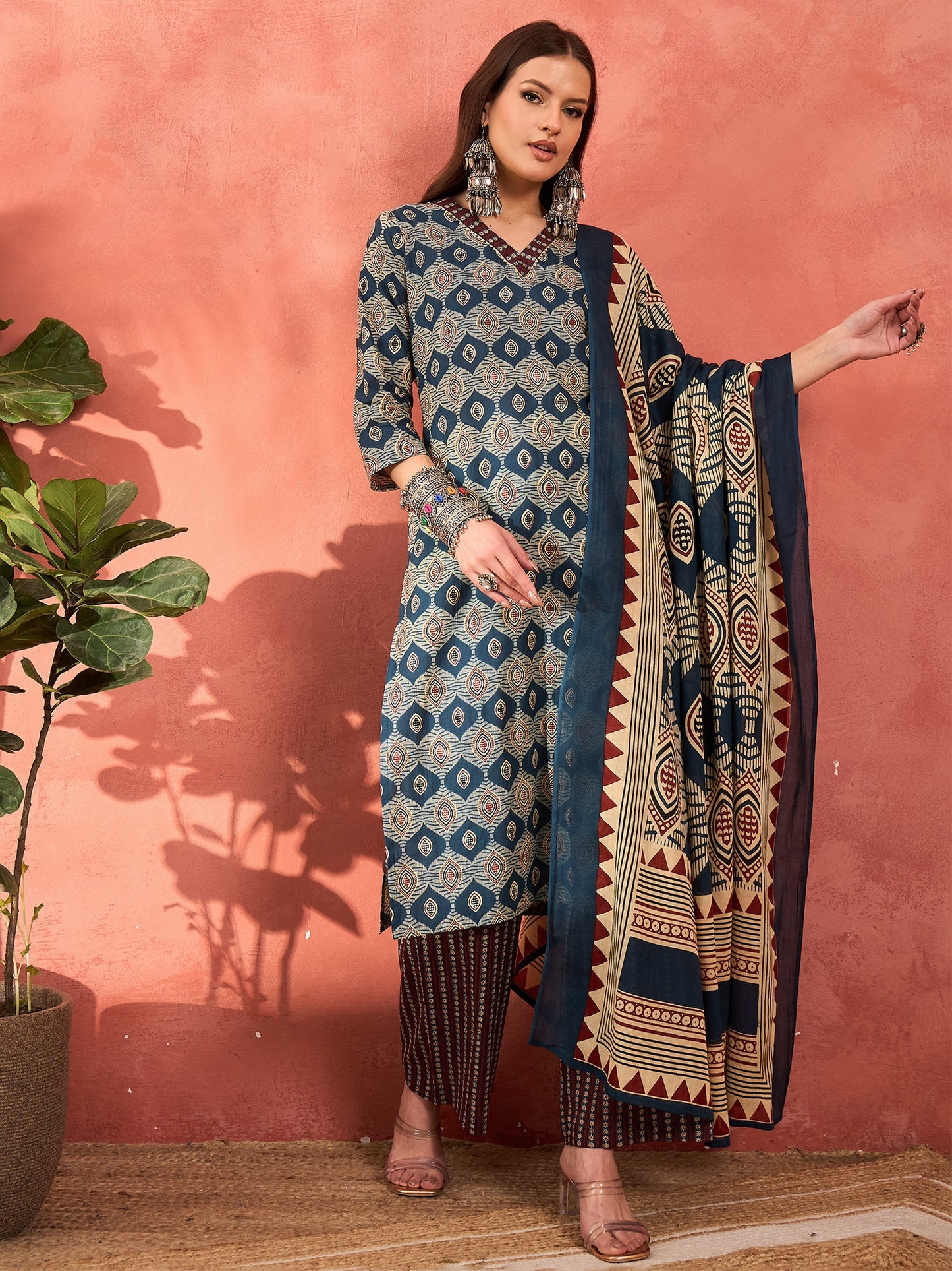 Navy Geometric Print V Neck Kurta With Pencil Pants & Dupatta-Shae by SASSAFRAS