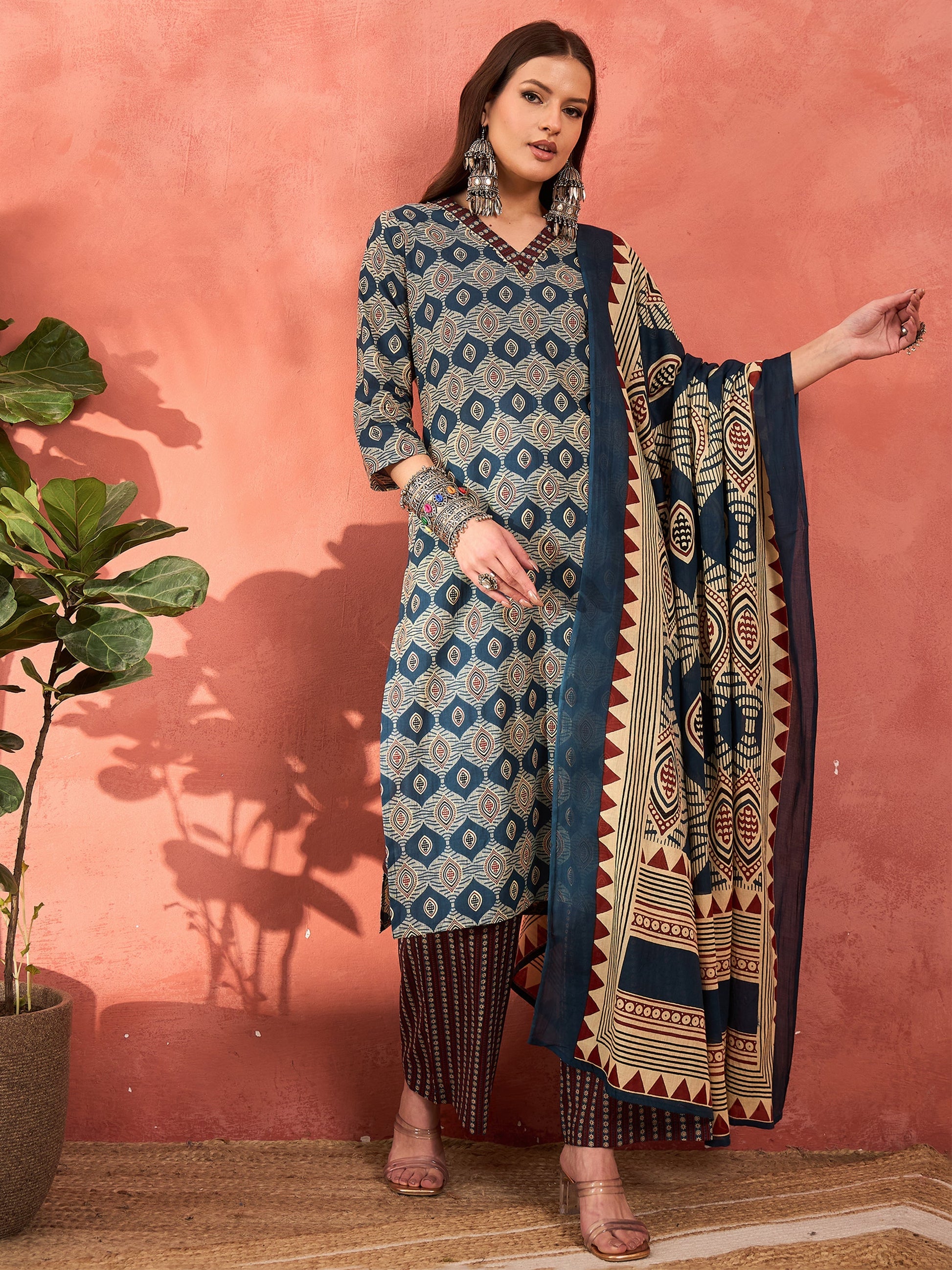 Navy Geometric Print V Neck Kurta With Pencil Pants & Dupatta-Shae by SASSAFRAS