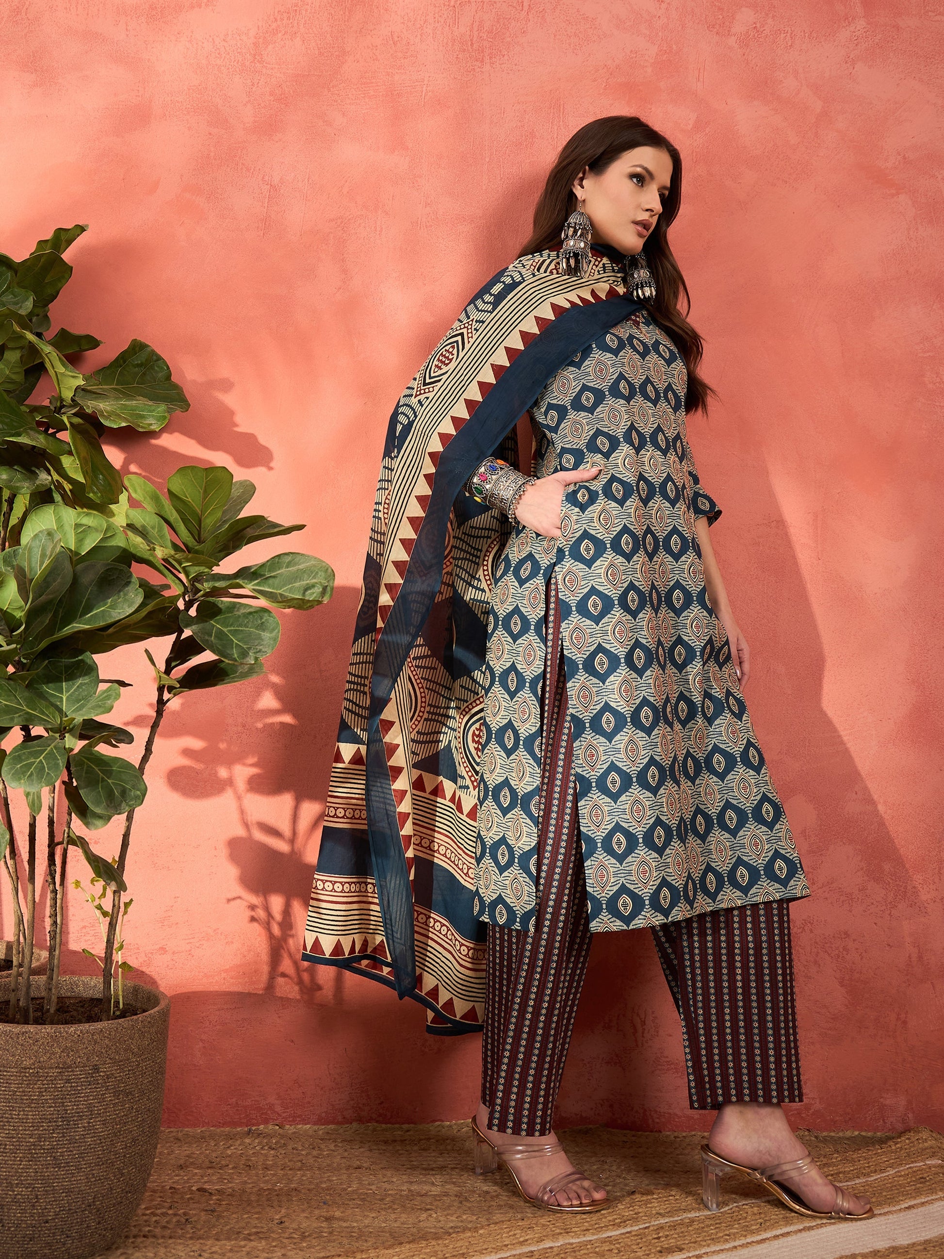 Navy Geometric Print V Neck Kurta With Pencil Pants & Dupatta-Shae by SASSAFRAS