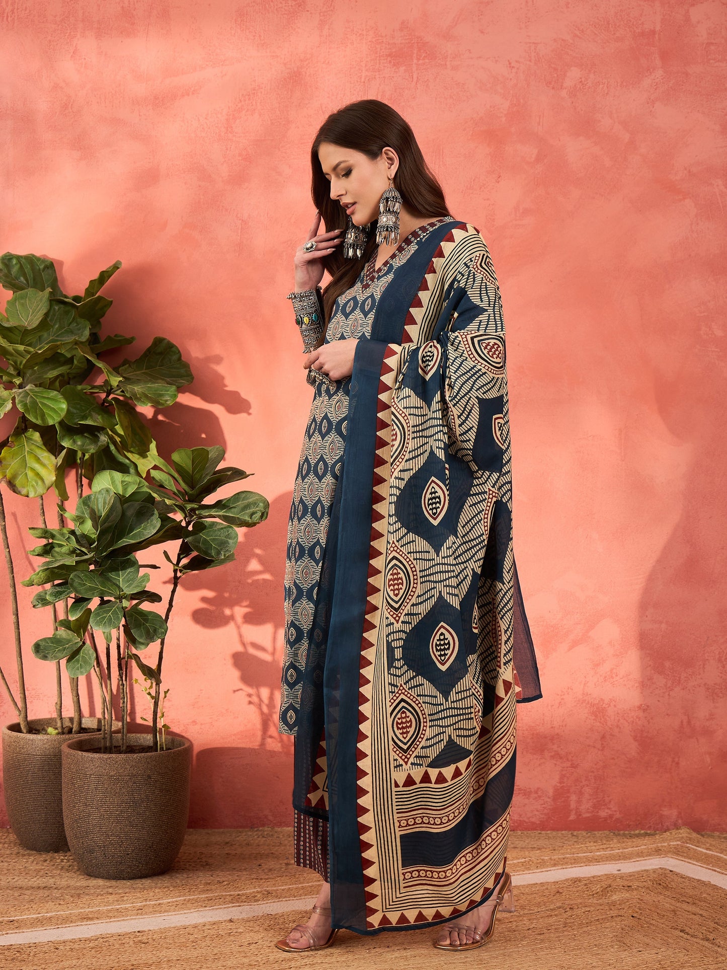 Navy Geometric Print V Neck Kurta With Pencil Pants & Dupatta-Shae by SASSAFRAS