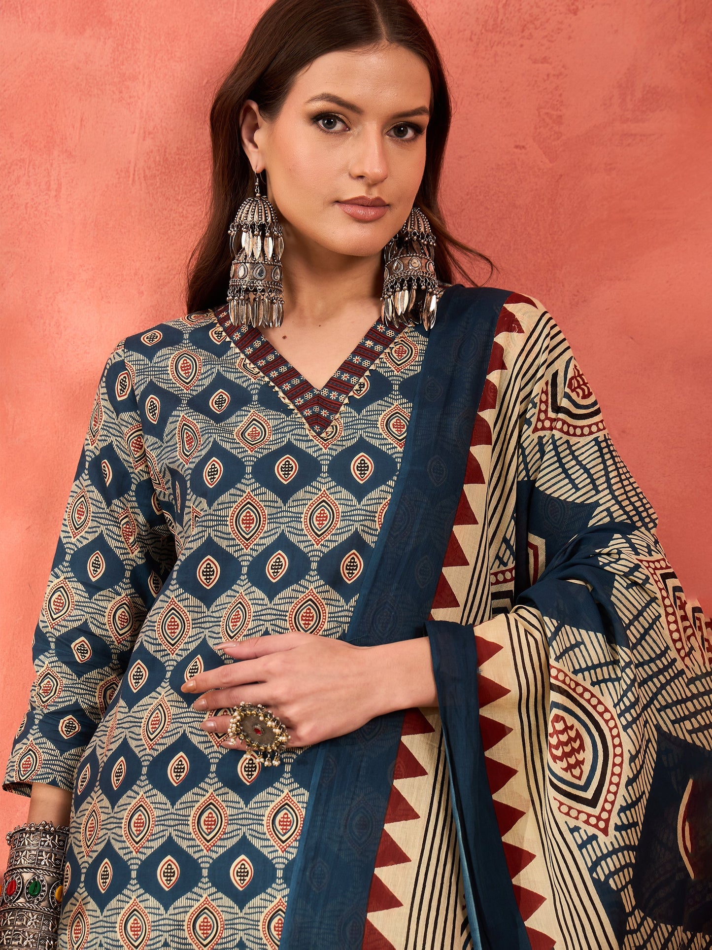 Navy Geometric Print V Neck Kurta With Pencil Pants & Dupatta-Shae by SASSAFRAS